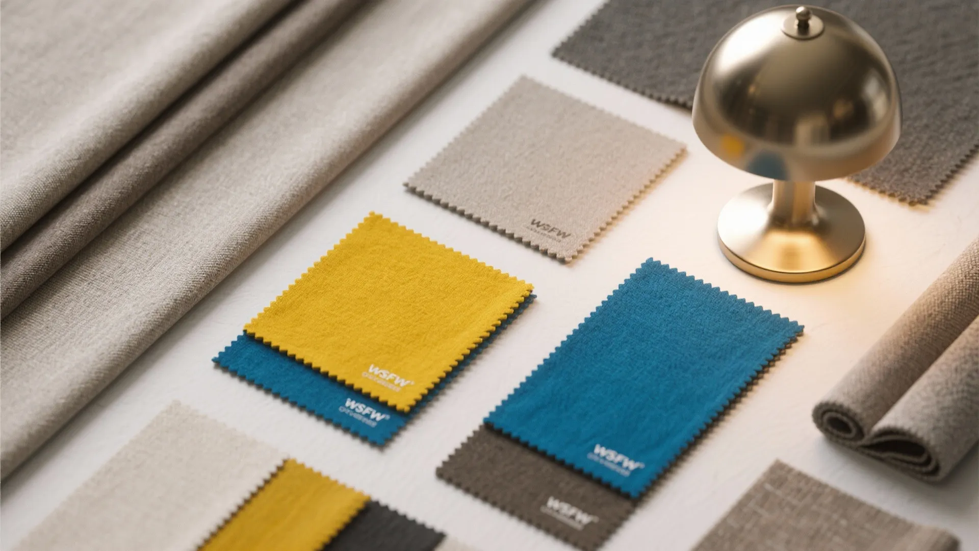 Yellow and blue fabric samples placed on white surface with gold lamp and neutral textiles