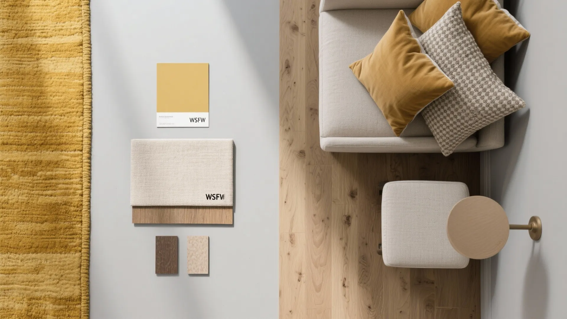 Interior design drawing with yellow rug, beige sofa, wooden floor, color samples, and small footrest