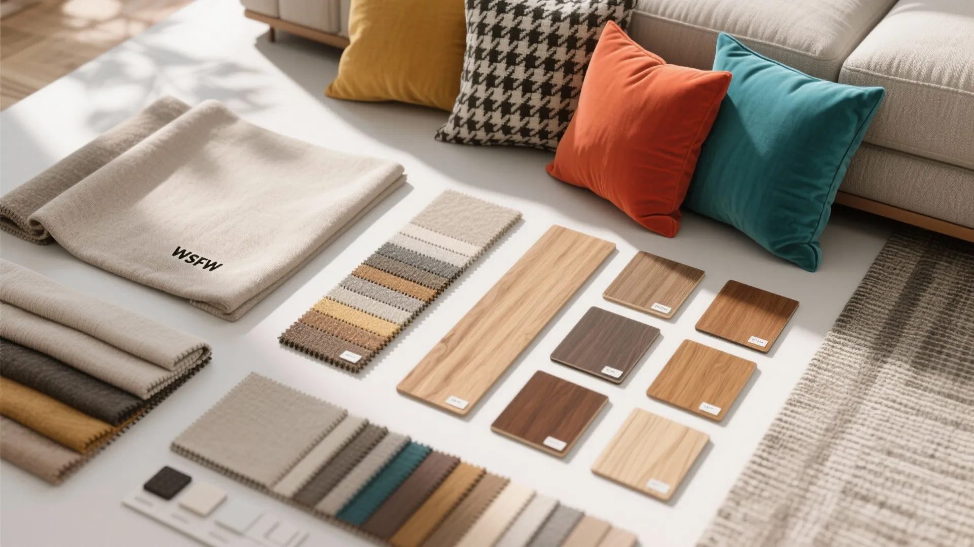 Interior design materials showing wood samples fabric samples and colorful pillows in orange blue yellow