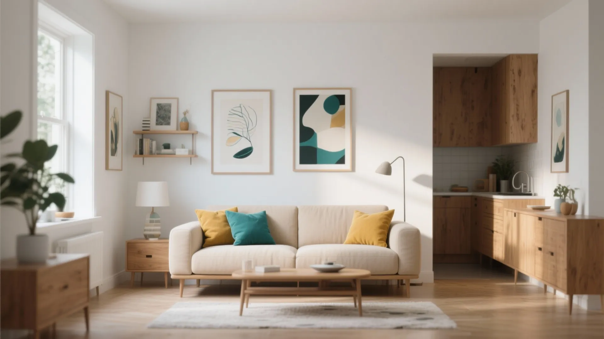 Modern white living room with beige sofa teal yellow pillows wooden furniture and wall art decorations