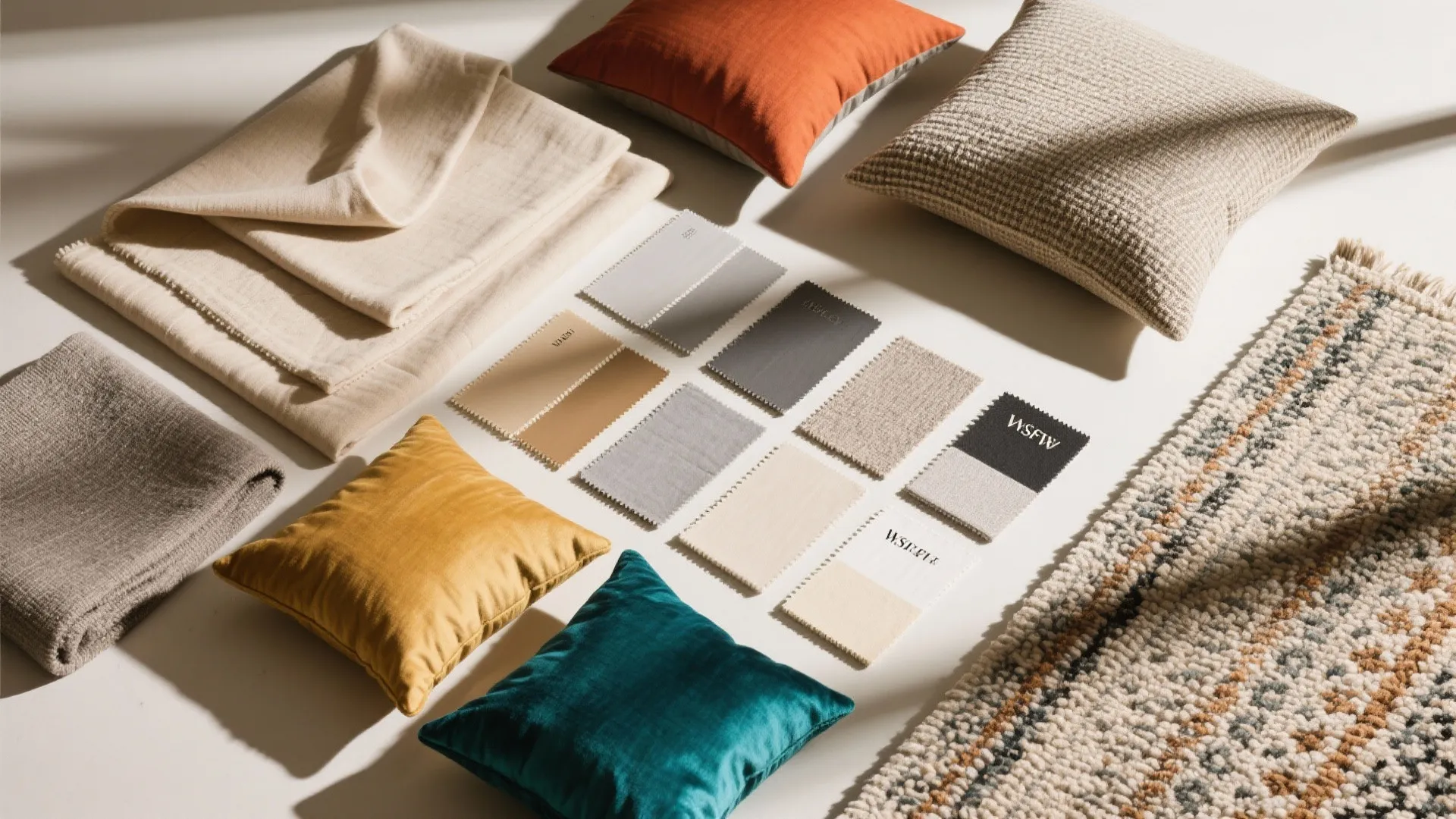 Interior design mood board with colorful cushions, fabric samples, beige blankets, and a patterned rug