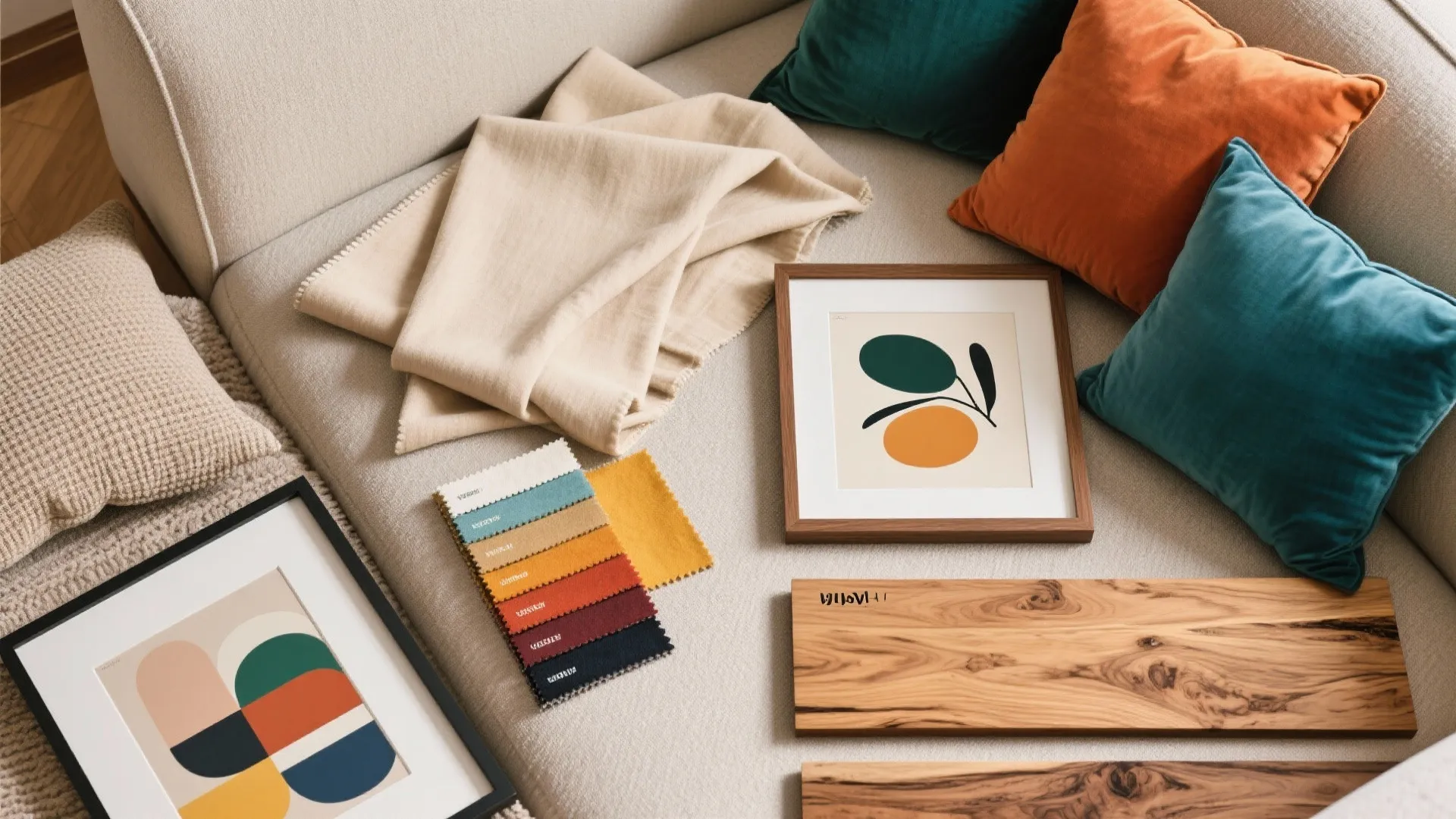 Top view of sofa with colorful pillows fabric samples wood boards and framed art pieces