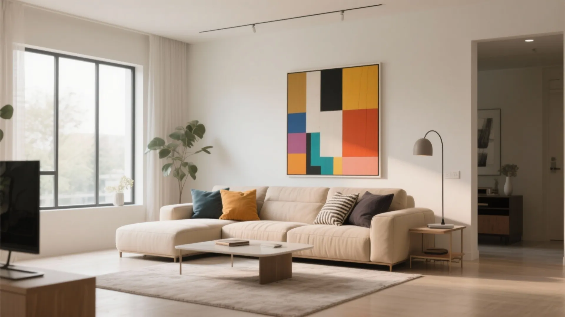 Living room with a large beige sofa colorful wall art a coffee table and natural light