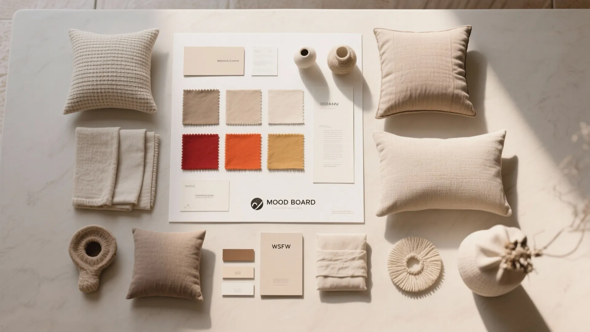 Mood board on marble table with colorful fabric samples pillows and small white round vase