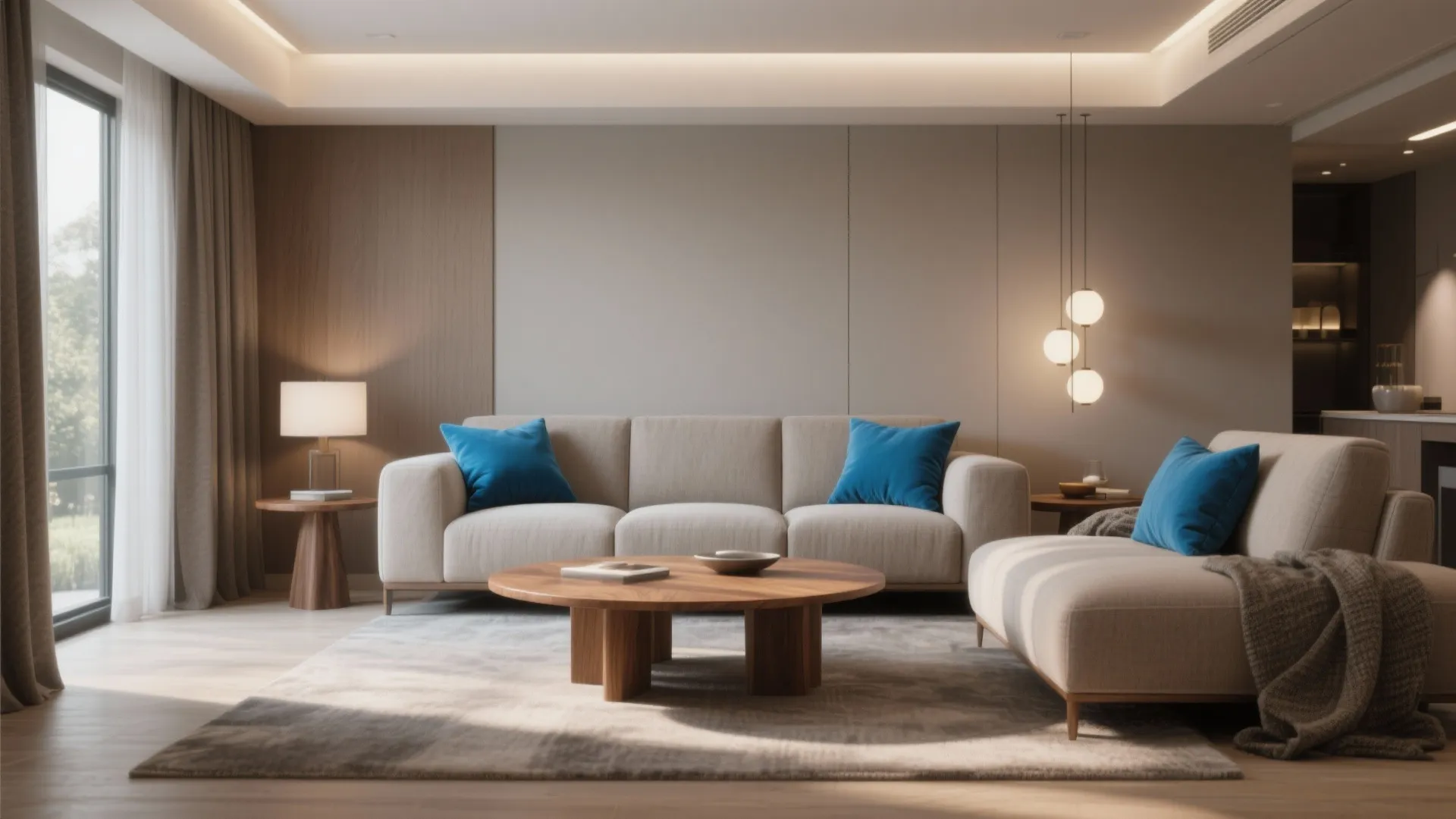 Minimalist living room with grey sofa blue pillows round wooden table and three hanging ceiling lights