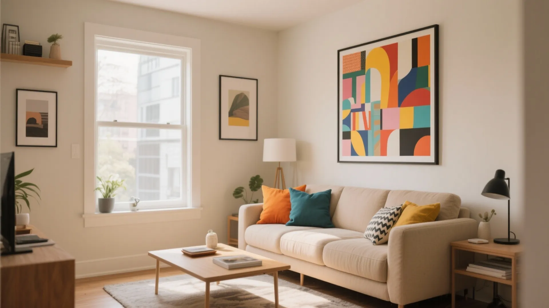 Bright living room with colorful wall art, beige sofa, orange pillows, and a wooden table