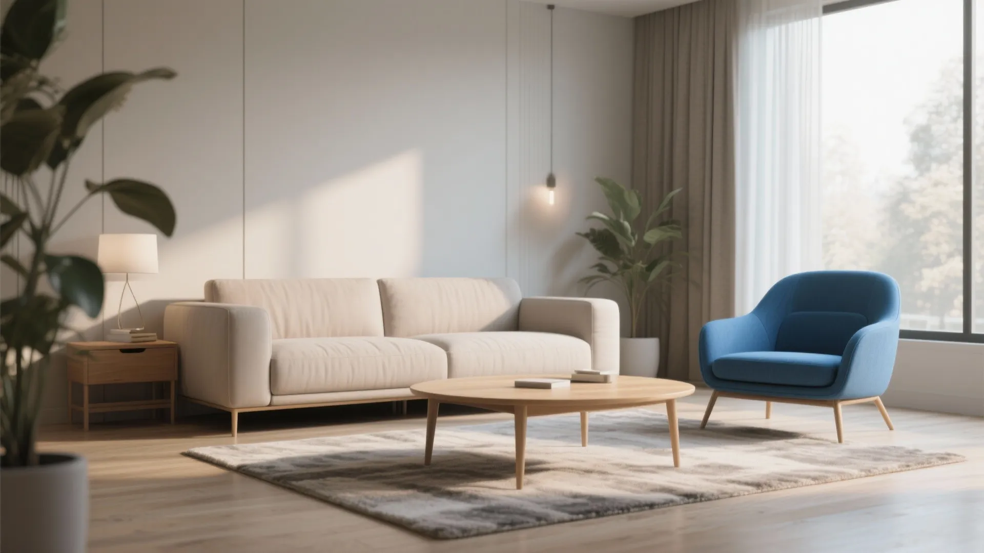Minimalist living room with beige sofa blue armchair wooden coffee table and warm sunlight from windows