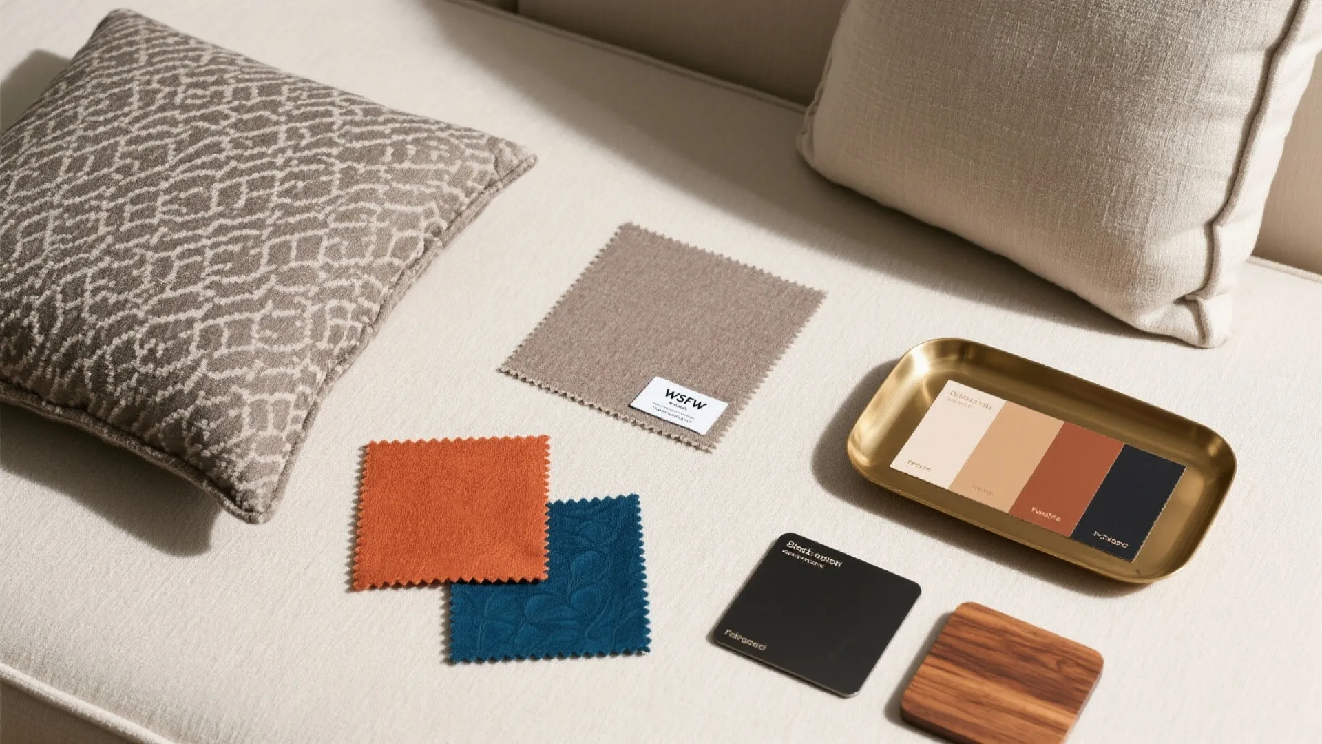 Flat lay of neutral base fabrics with terracotta and indigo accent swatches.