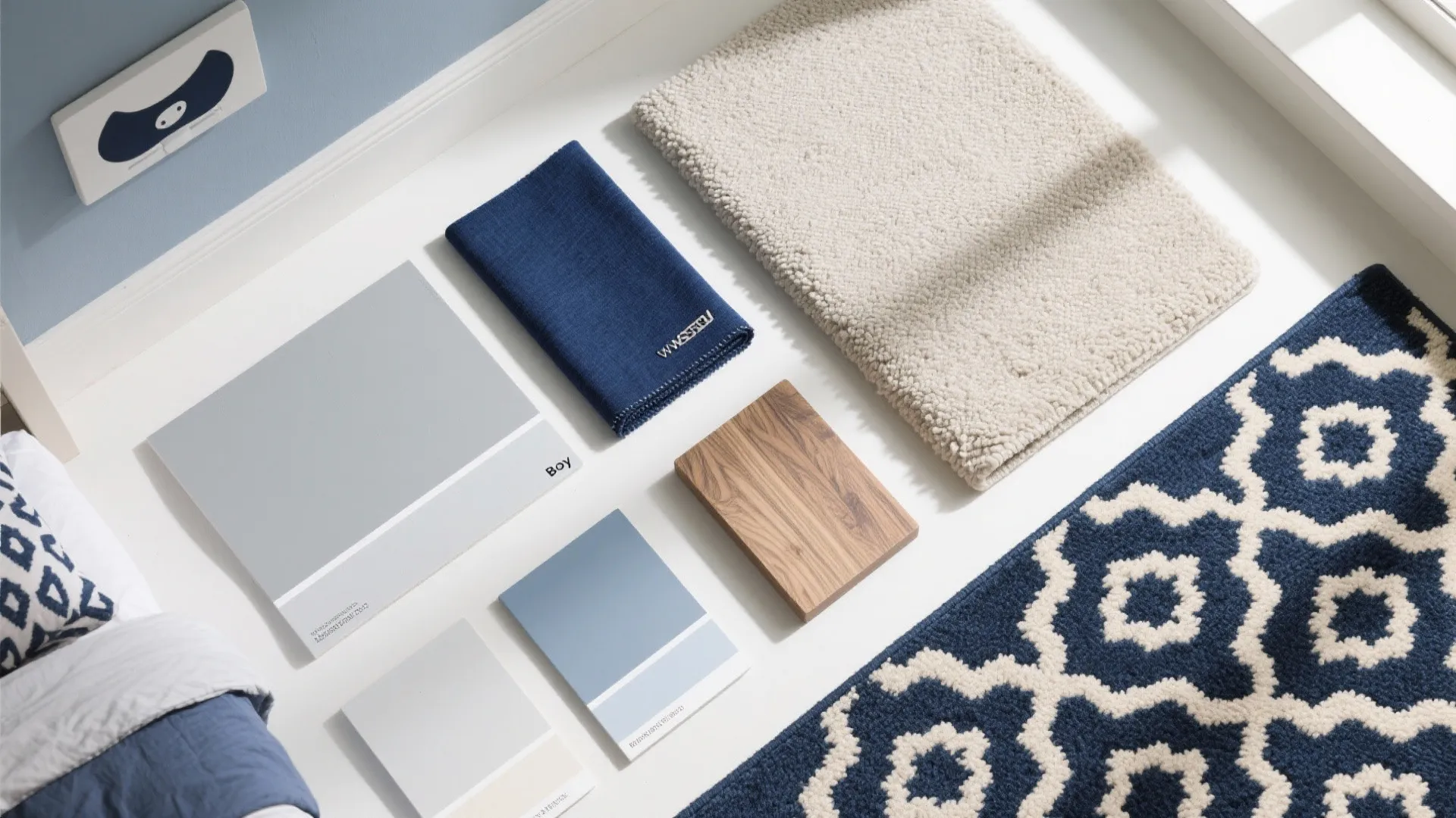 Material board with blue fabric samples wood piece paint swatches and a patterned rug layout