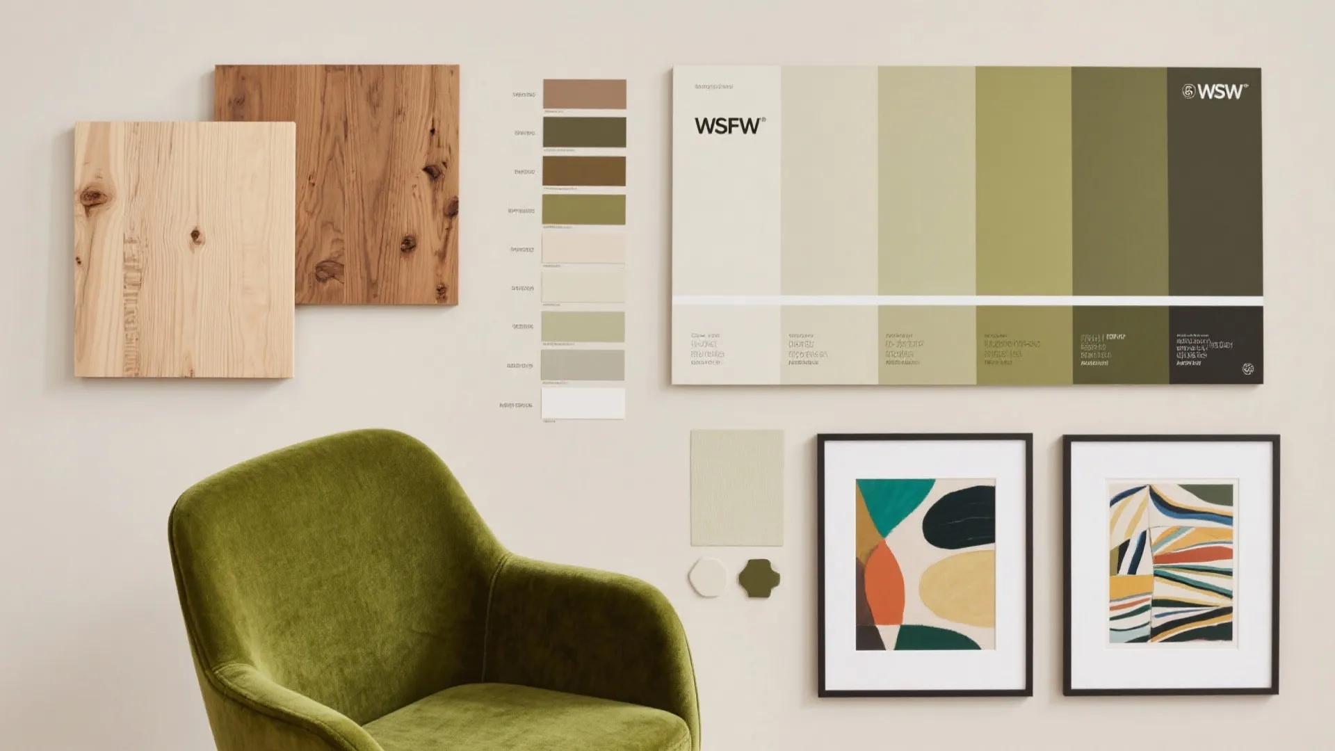 Interior design mood board with green chair wood samples color palette and two framed pictures