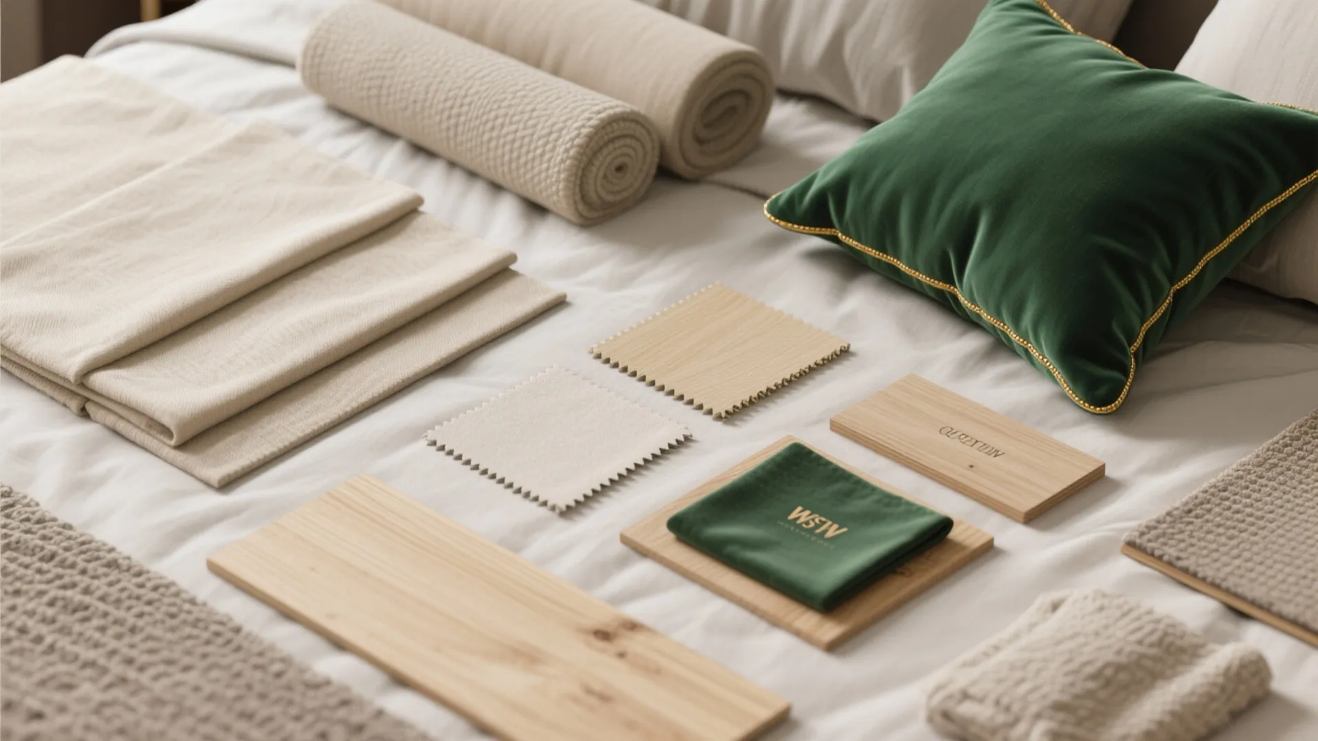 Interior design material board on bed with green velvet pillow wood samples and beige fabric