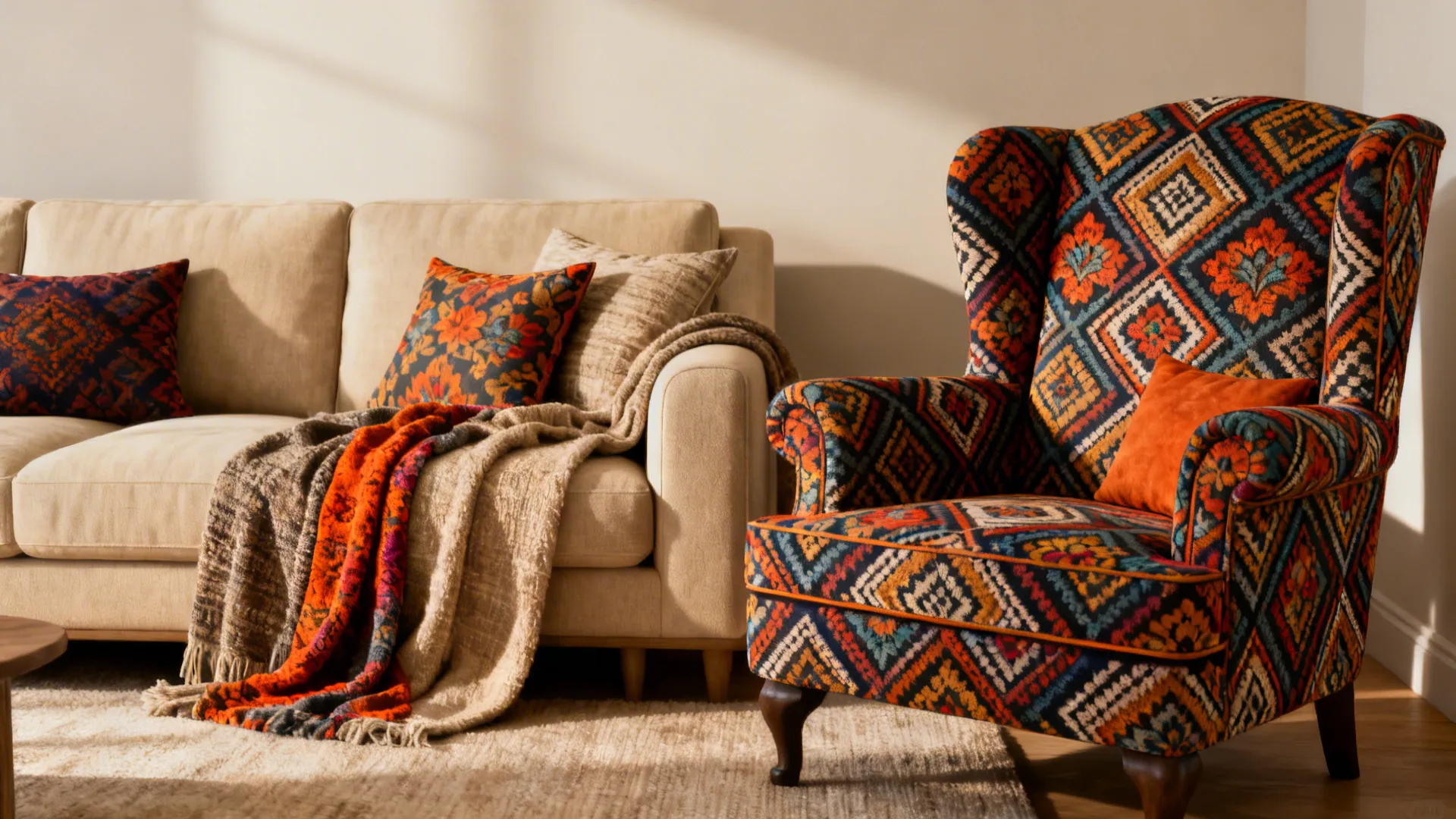 Neutral sofa paired with a bold patterned accent chair and a matching accessory for cohesion.