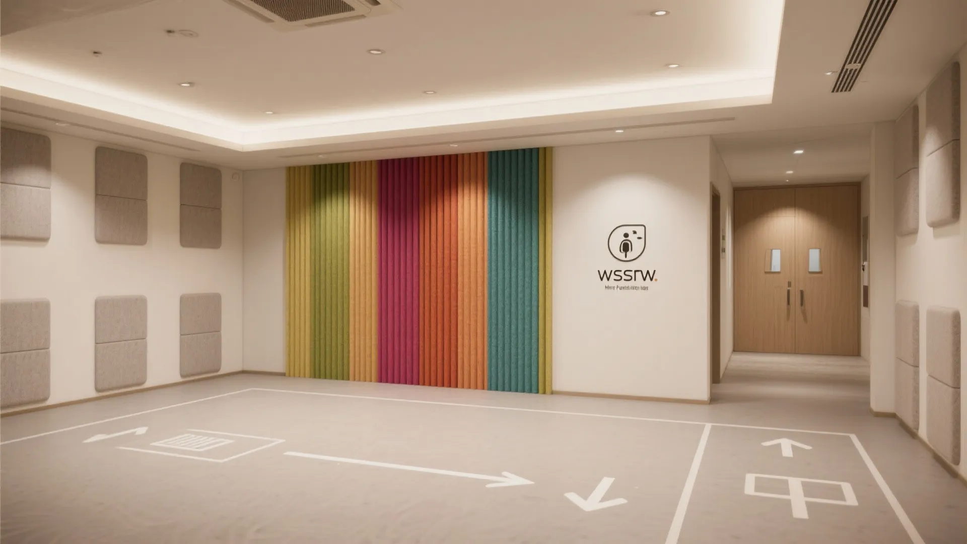 Neutral mini hall with a bold curtain focal and clear floor wayfinding arrows.