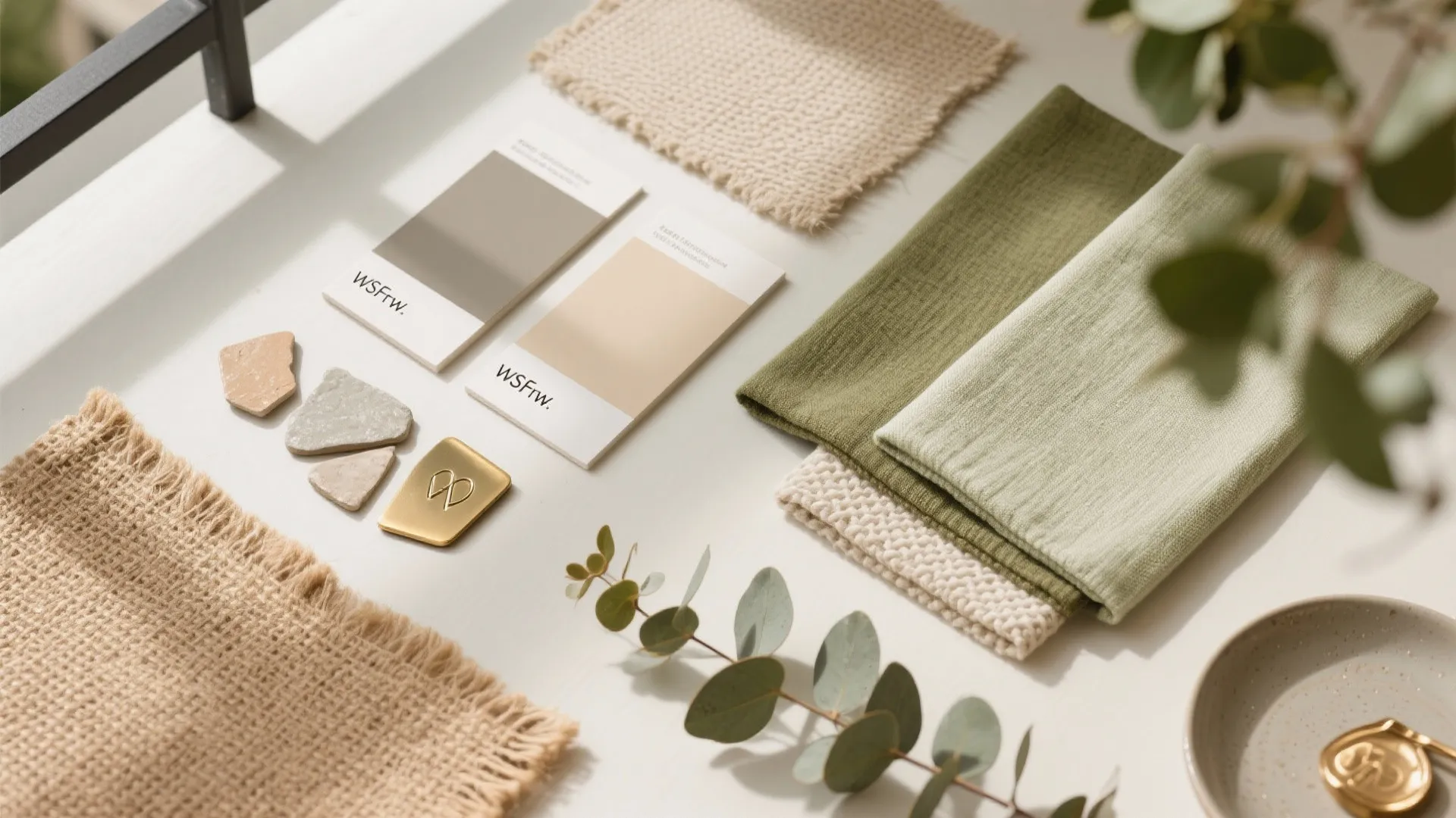 Flat lay of interior design mood board including green fabric samples color cards and small plants