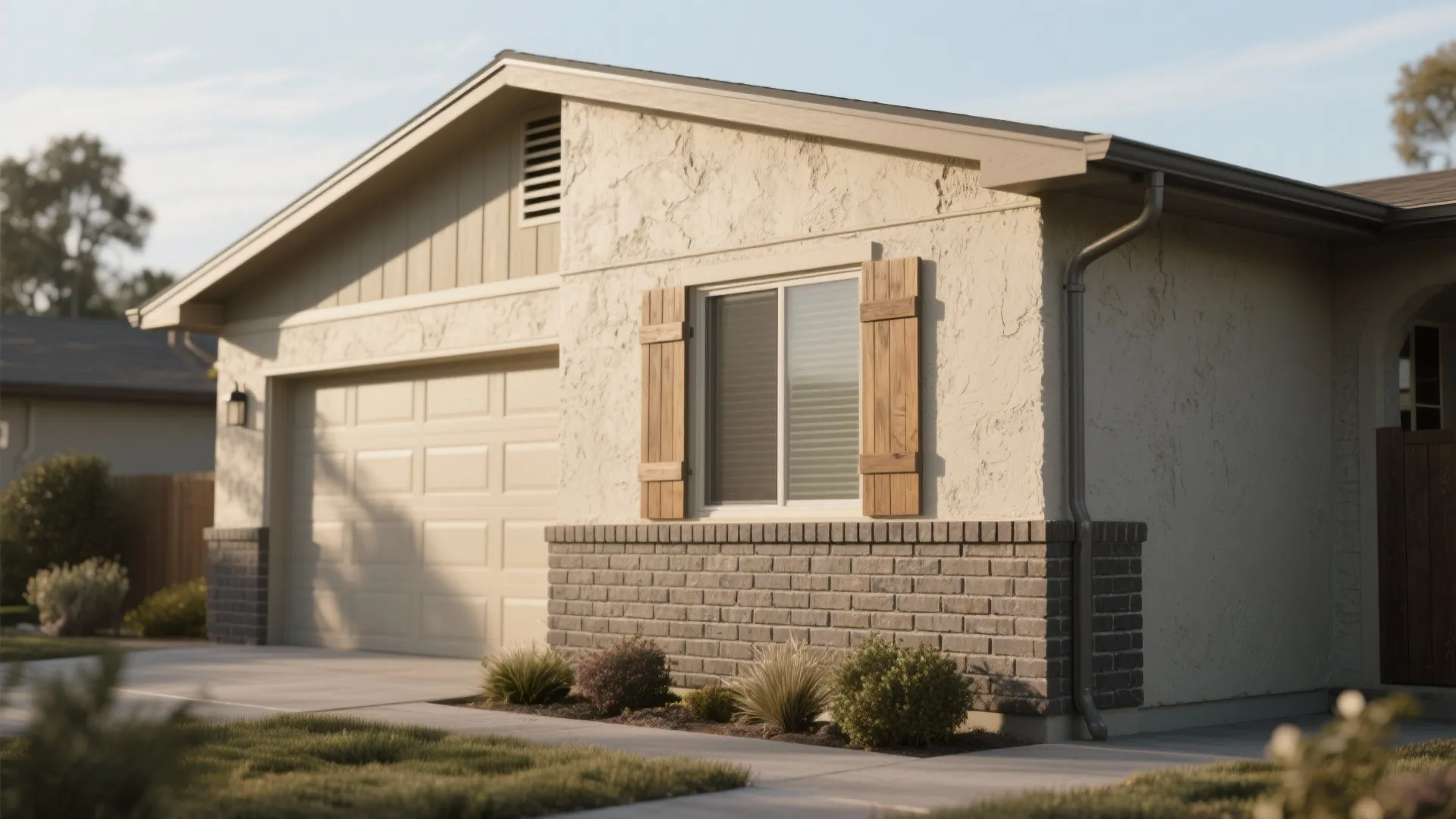 Single story home exterior featuring beige stucco walls, grey brick base, and wooden window shutters.