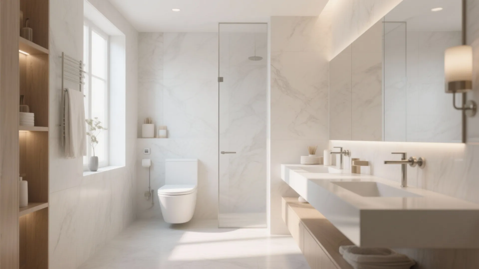 Modern bright bathroom with marble walls white toilet glass shower door double sink and wood cabinet
