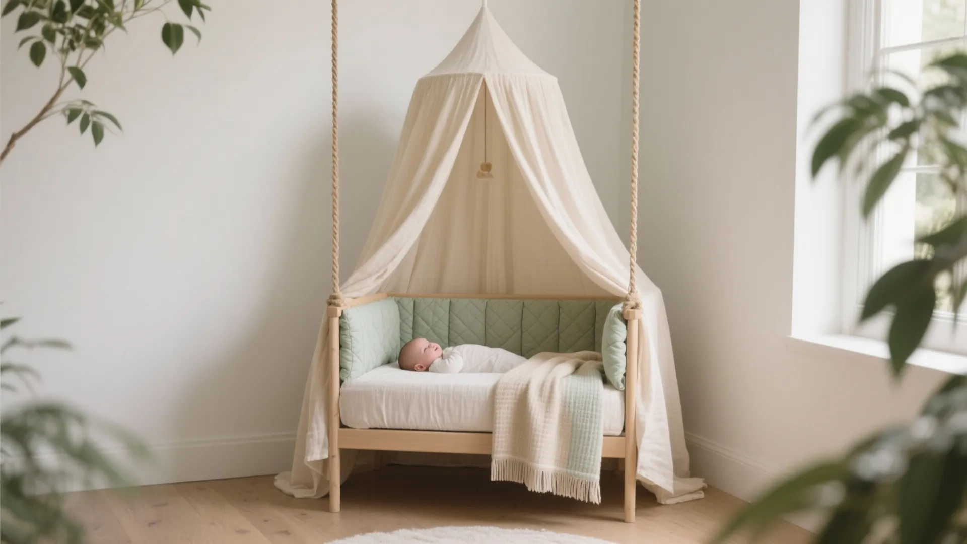 Baby sleeping in a wooden crib with cream fabric canopy green wall pads and soft blanket