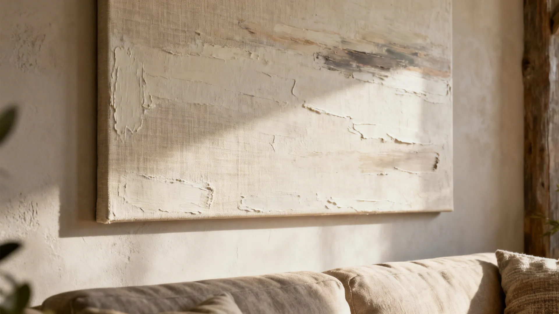 Close-up of an oversized neutral canvas with layered plaster texture in a farmhouse living room.