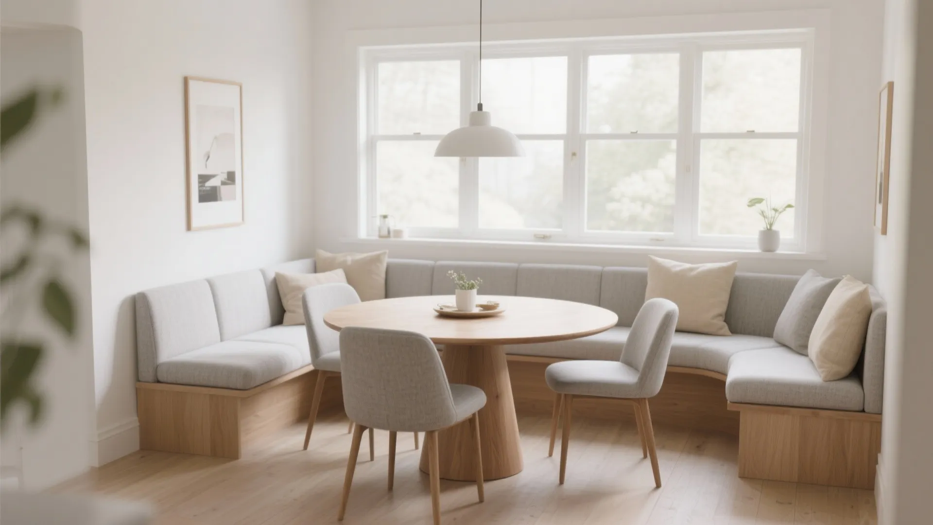 Modern bright dining area with round wooden table grey corner sofa and large white windows