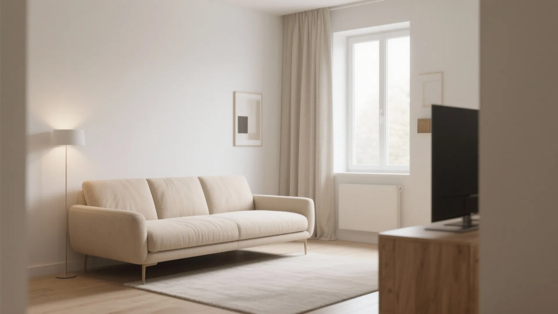 Minimalist living room with beige sofa white walls floor lamp wooden floor and large window curtain