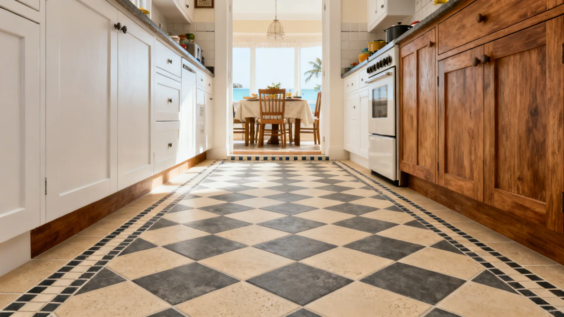 Kitchen with checkerboard floor tiles, white and wood cabinets, oven, and beach view dining area