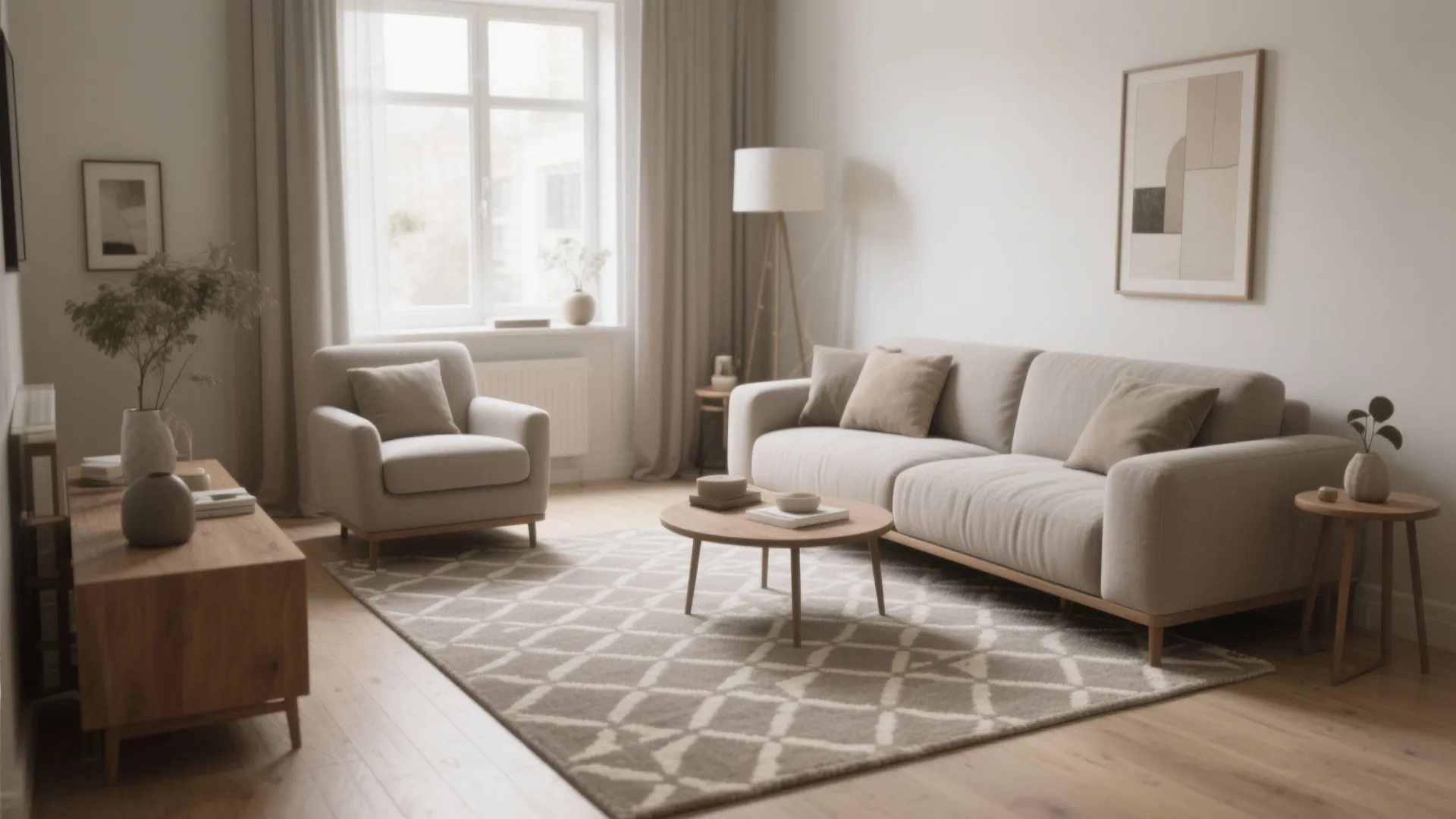 Small living room with a neutral patterned rug and cohesive monochrome palette, calm mood in soft natural daylight.