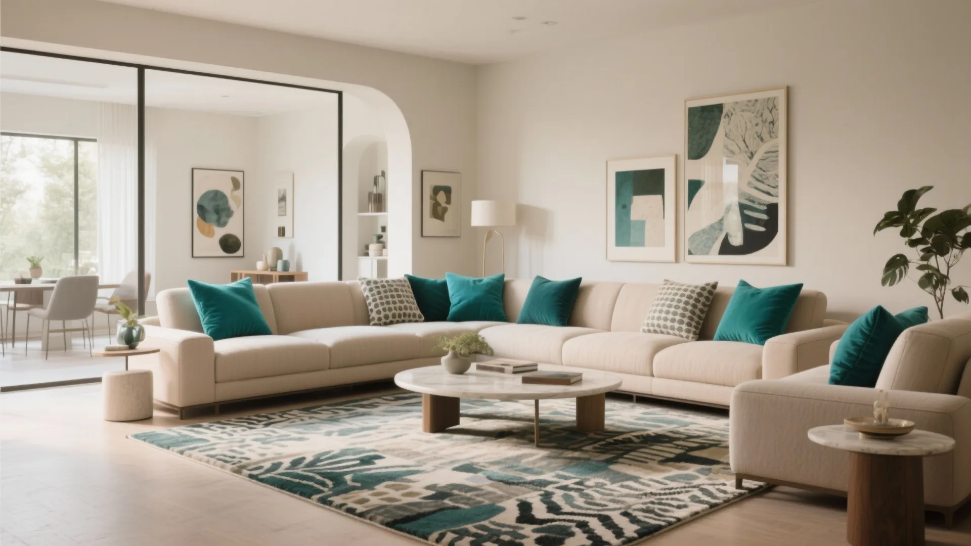 Large beige corner sofa with teal pillows on patterned rug in modern white living room