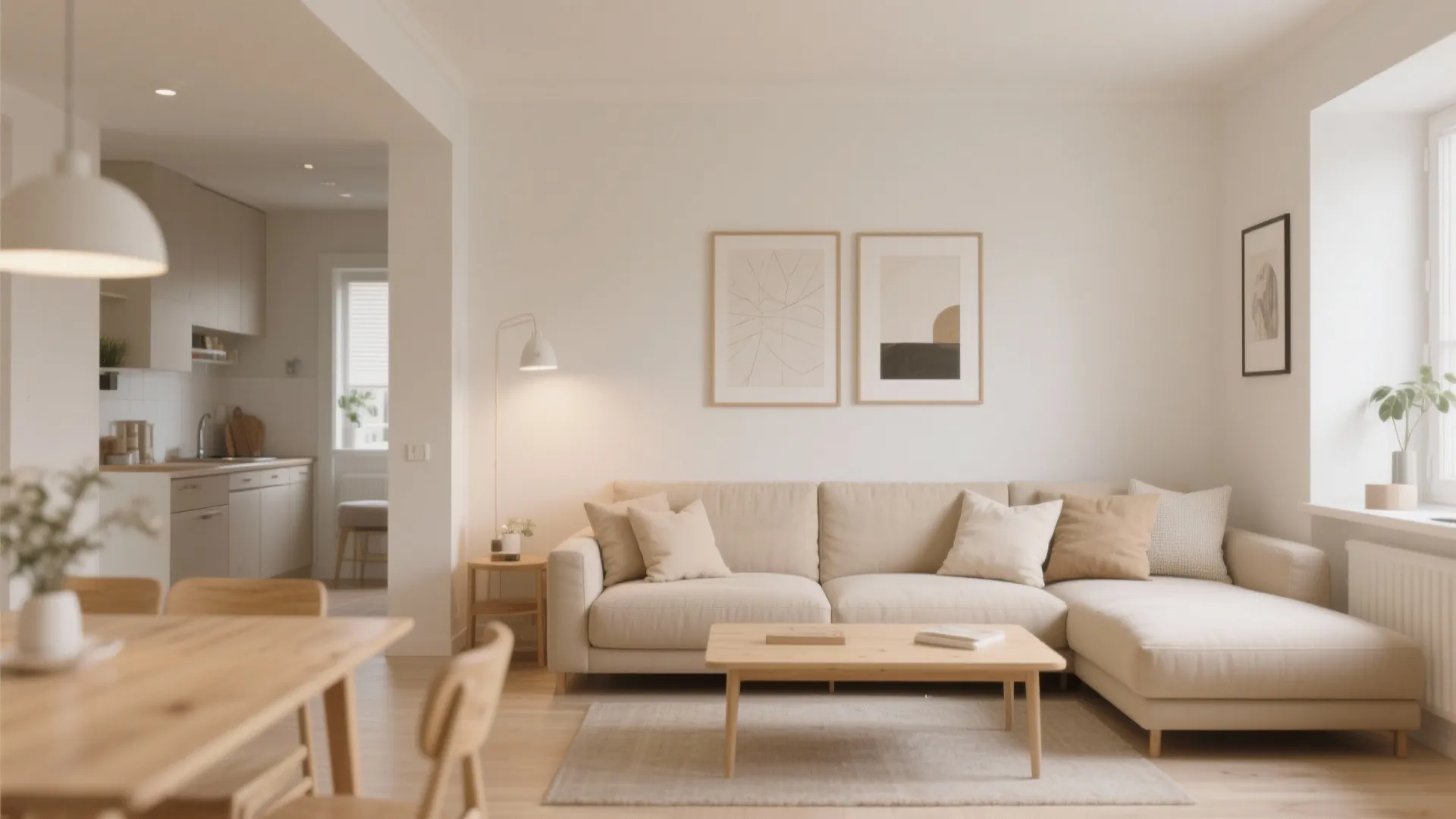 Living and dining combo in matching neutral color palette