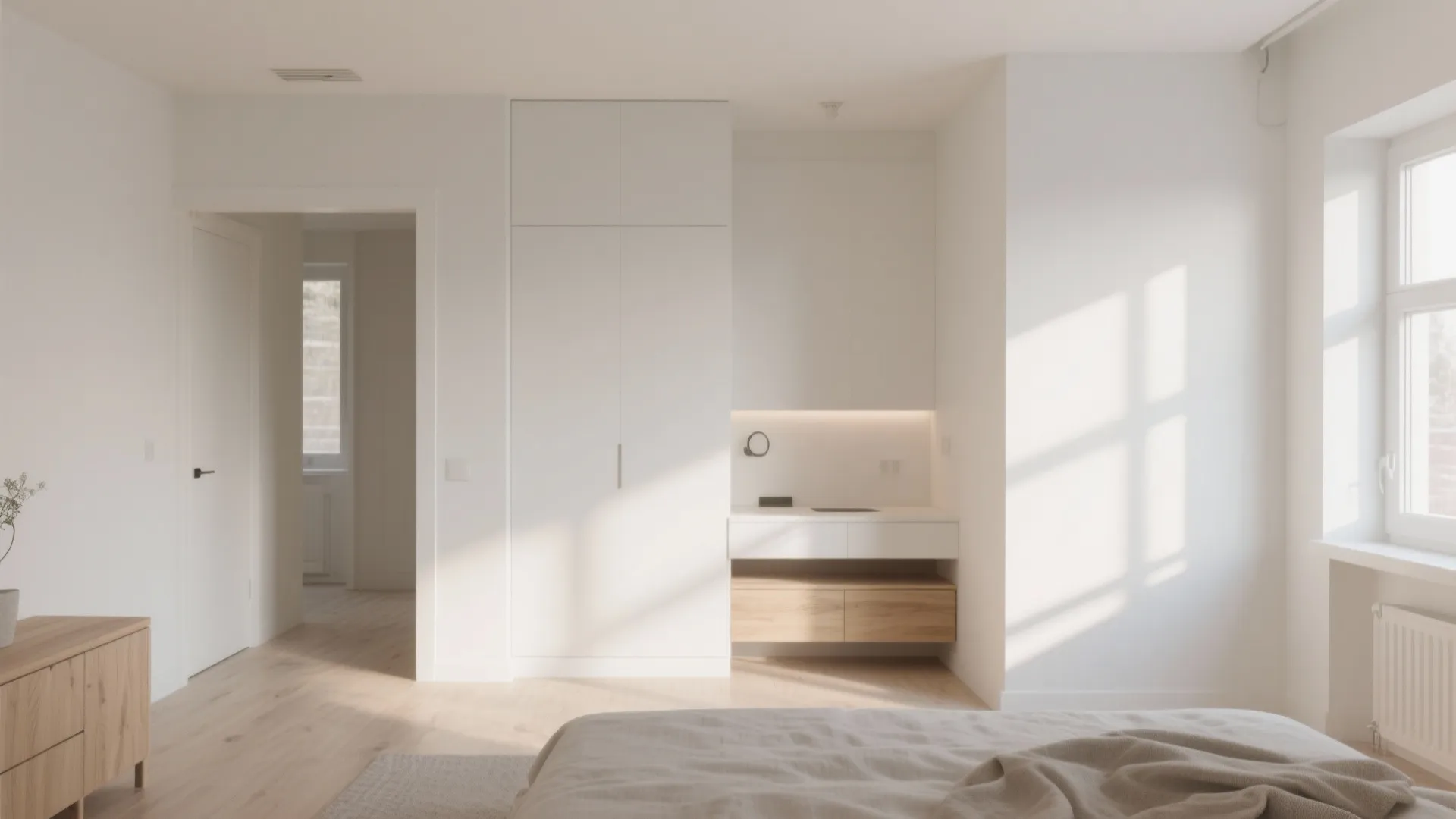 Modern white bedroom with minimalist wood cabinet built in wardrobe light wood floor and natural light
