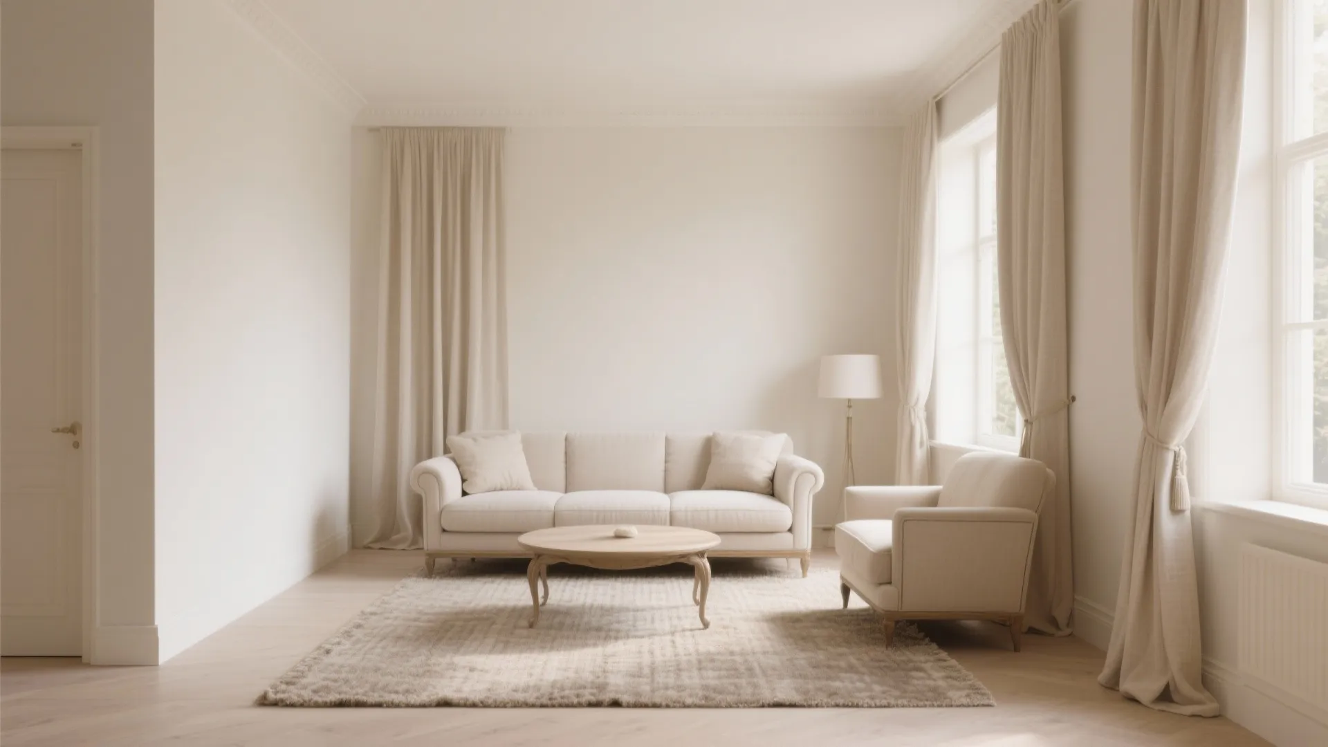 Minimalist cream living room featuring white sofa, armchair, round wooden coffee table, rug, and curtains