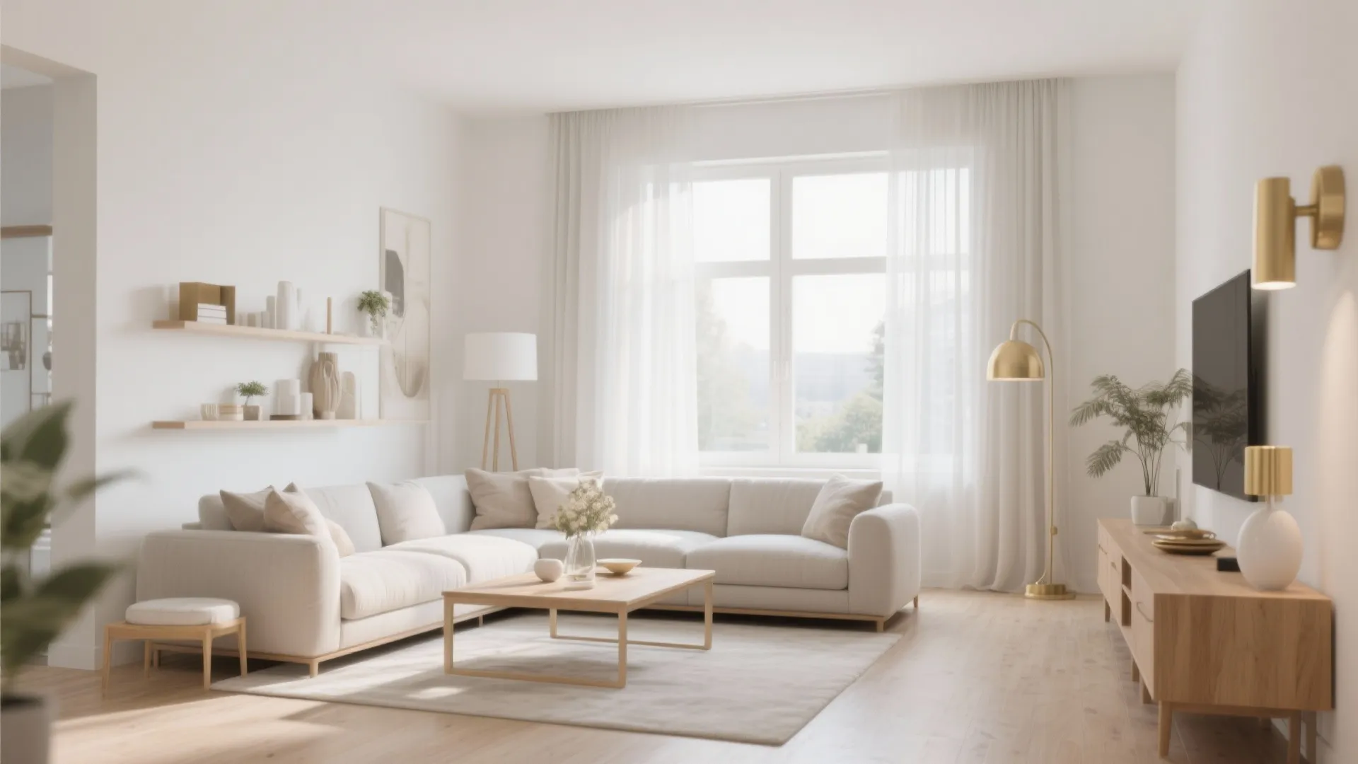 Light neutral living room with wood and brass accents