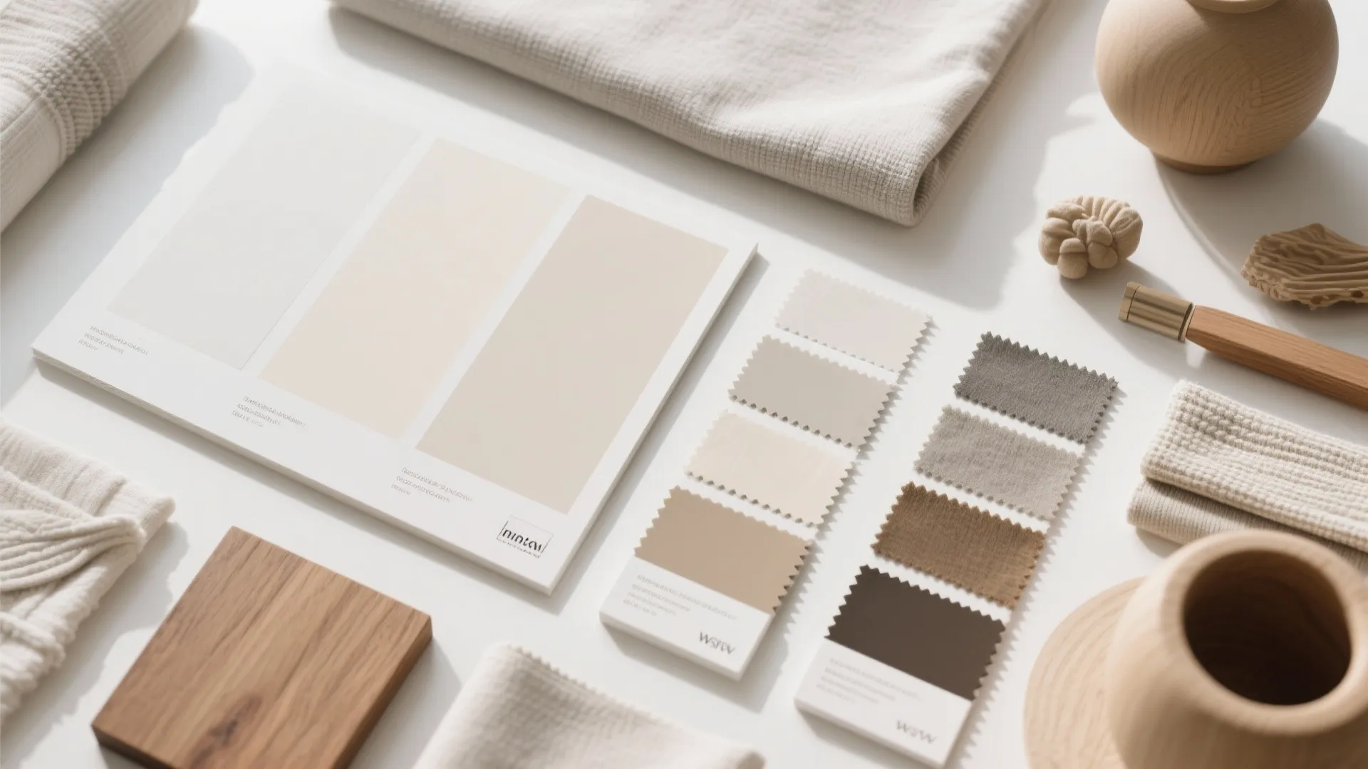 Flatlay of neutral color swatches and textures for bedroom design