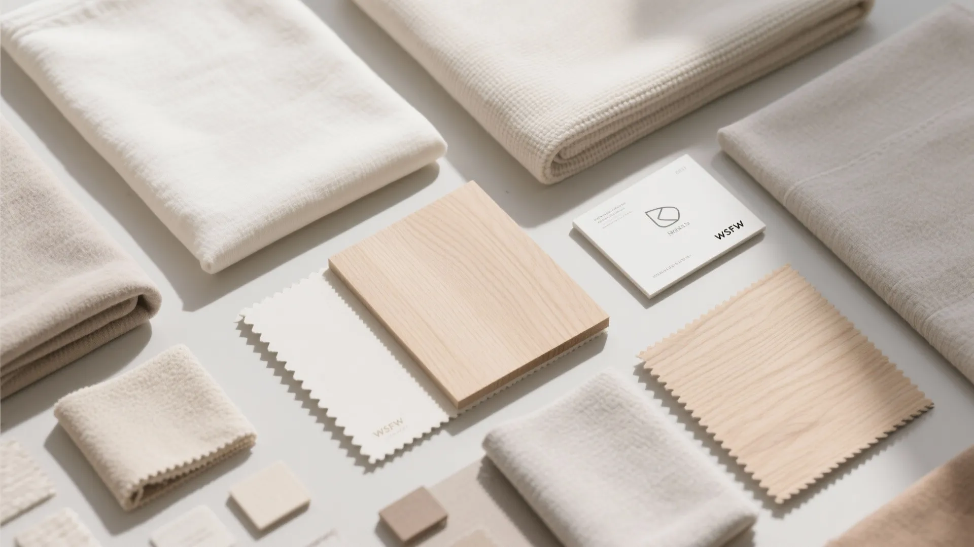 A collection of neutral fabric swatches and light wood samples arranged on a grey surface