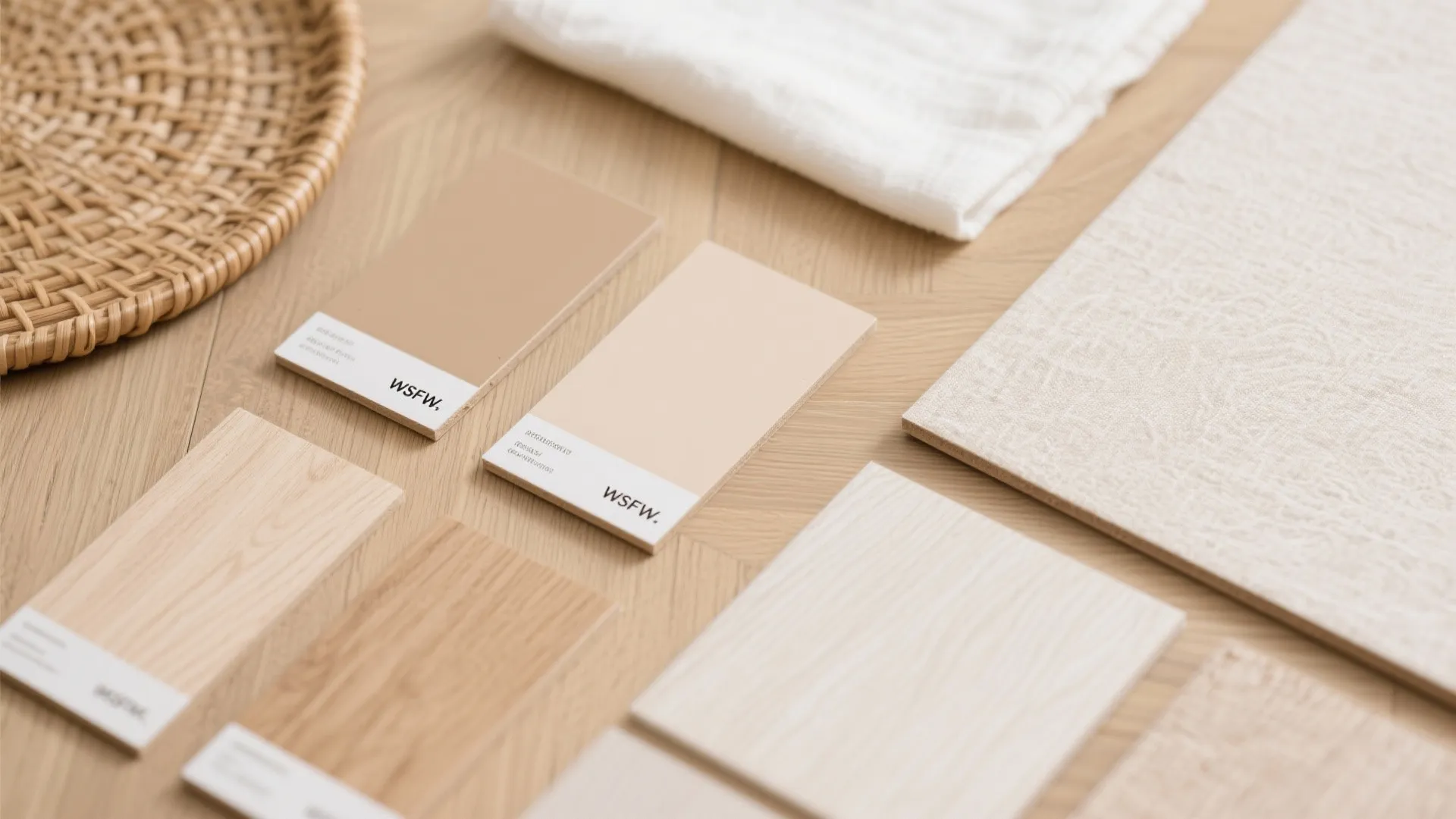 Neutral color paint cards and wood flooring samples displayed on a light brown wooden floor surface