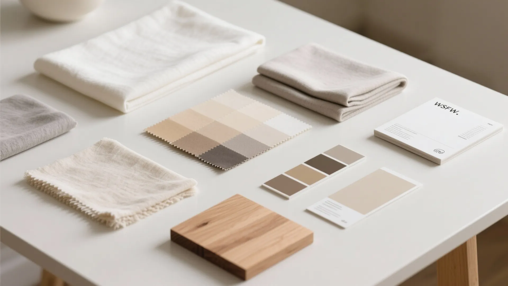 Neutral interior design material board with fabric samples color swatches and a small wooden block