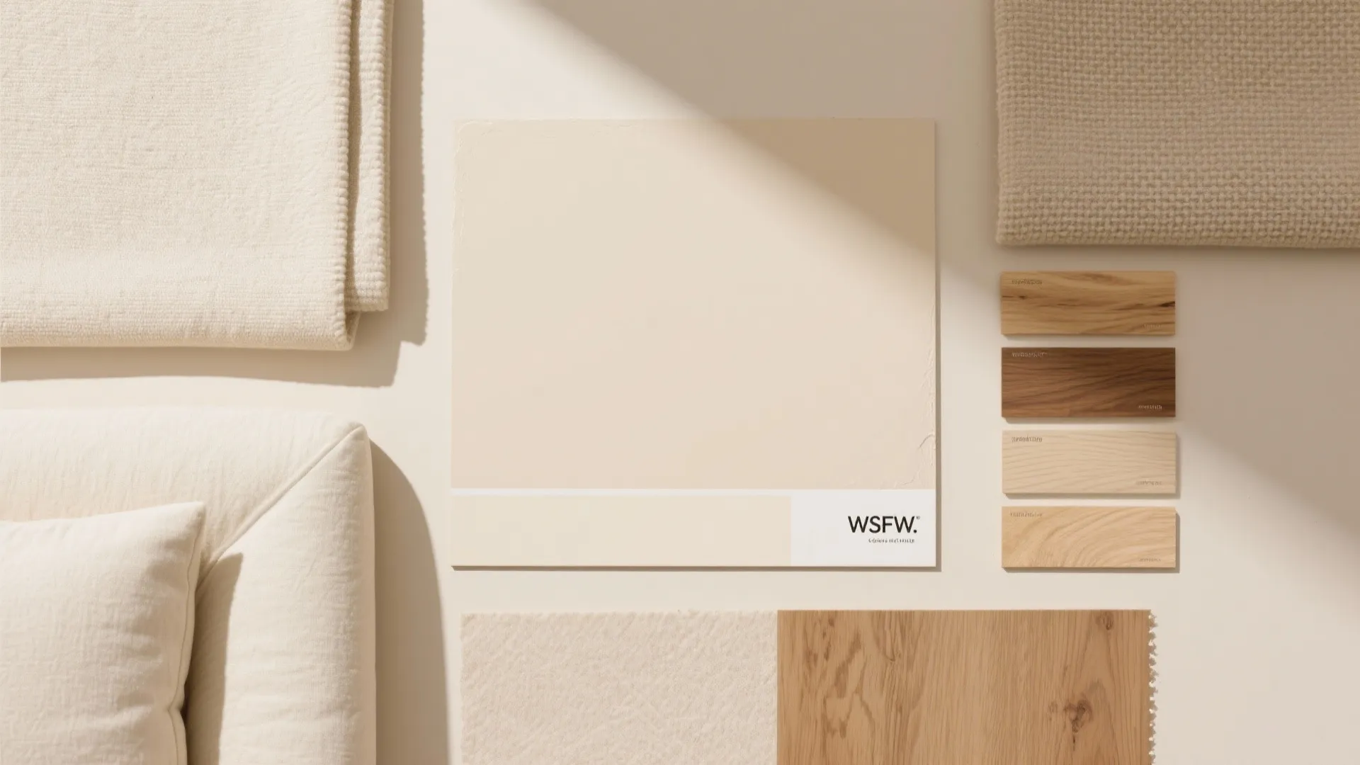 Neutral material board with cream fabric swatches wood samples and a large beige paint card