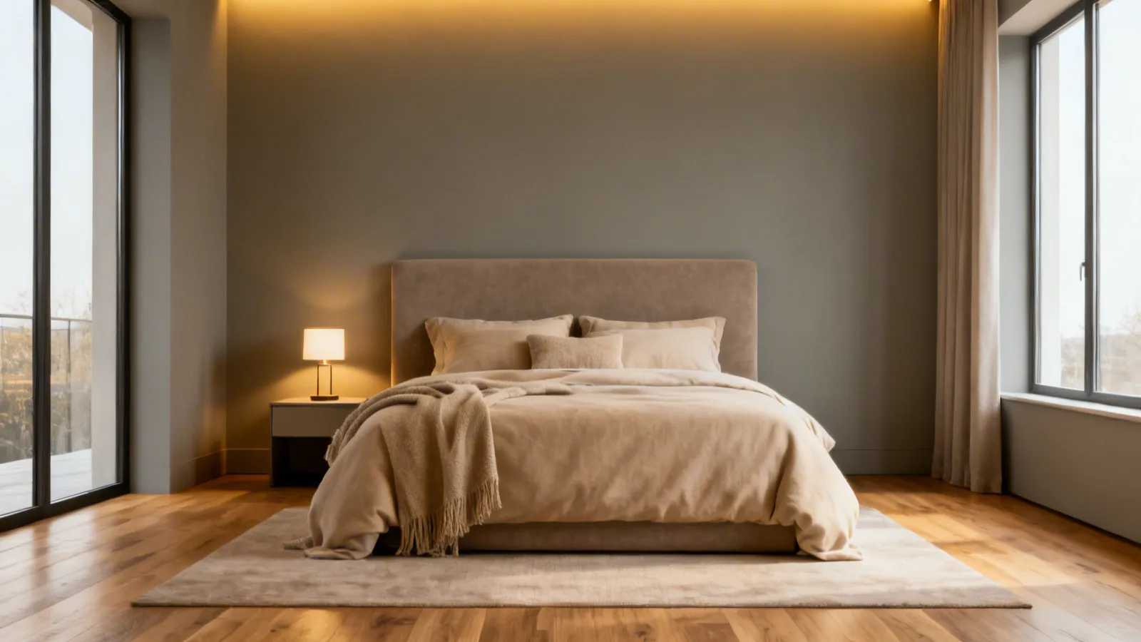 Paleta de colores neutros aplicada en un dormitorio moderno