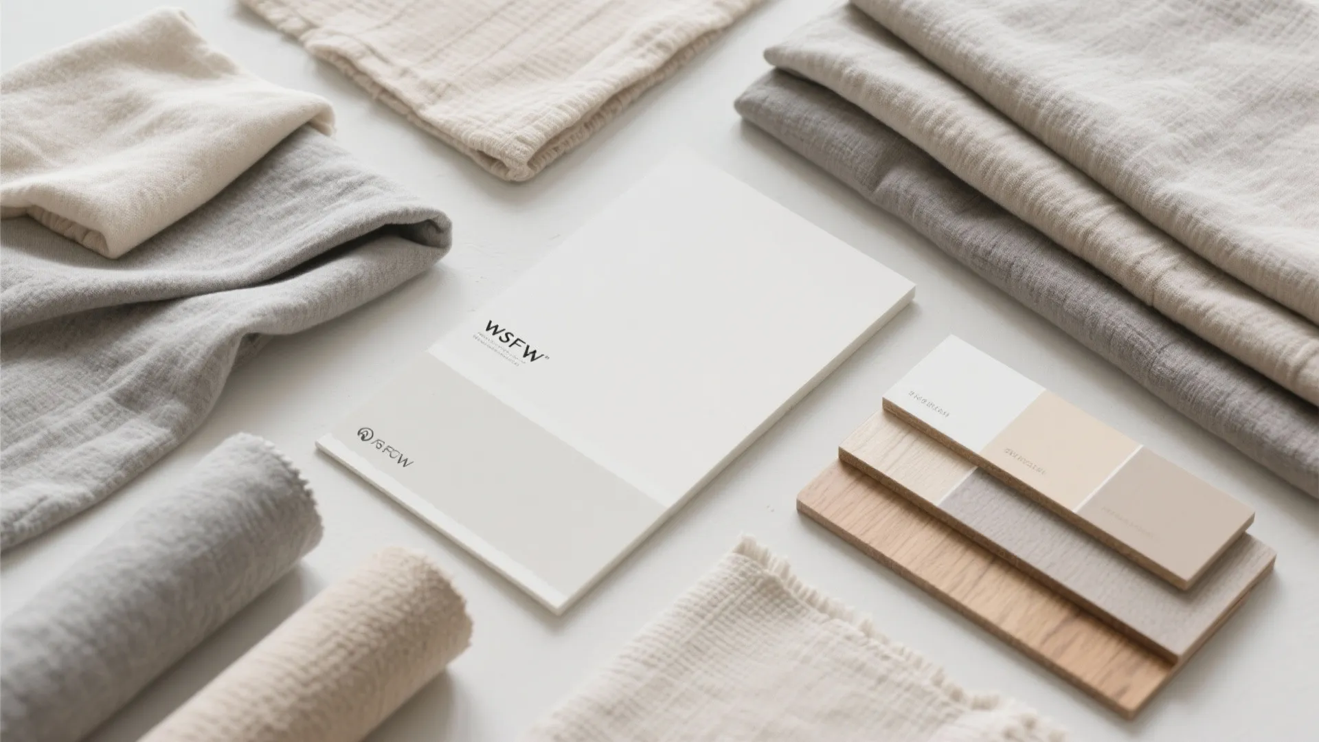 Neutral interior design palette with fabrics and wood textures