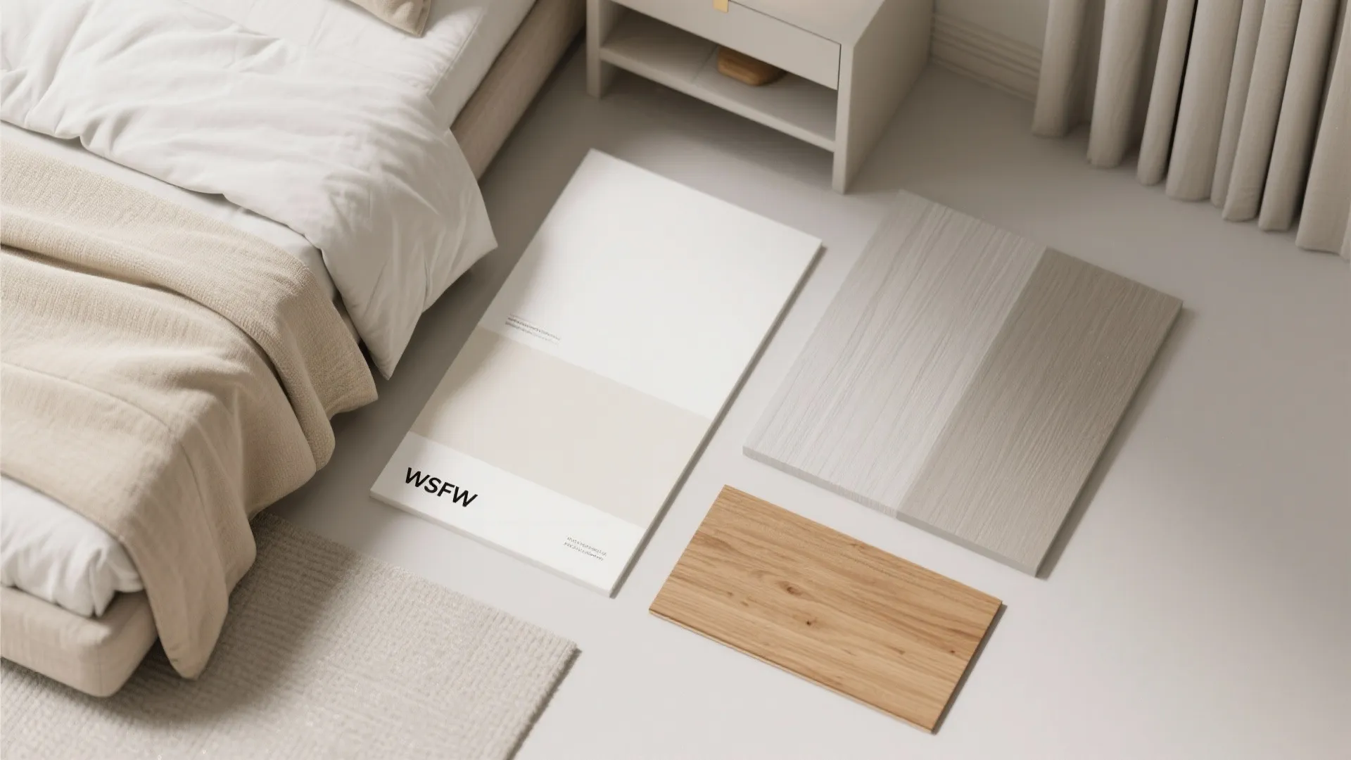 Neutral color palette samples on floor next to bed with beige blankets and white pillows