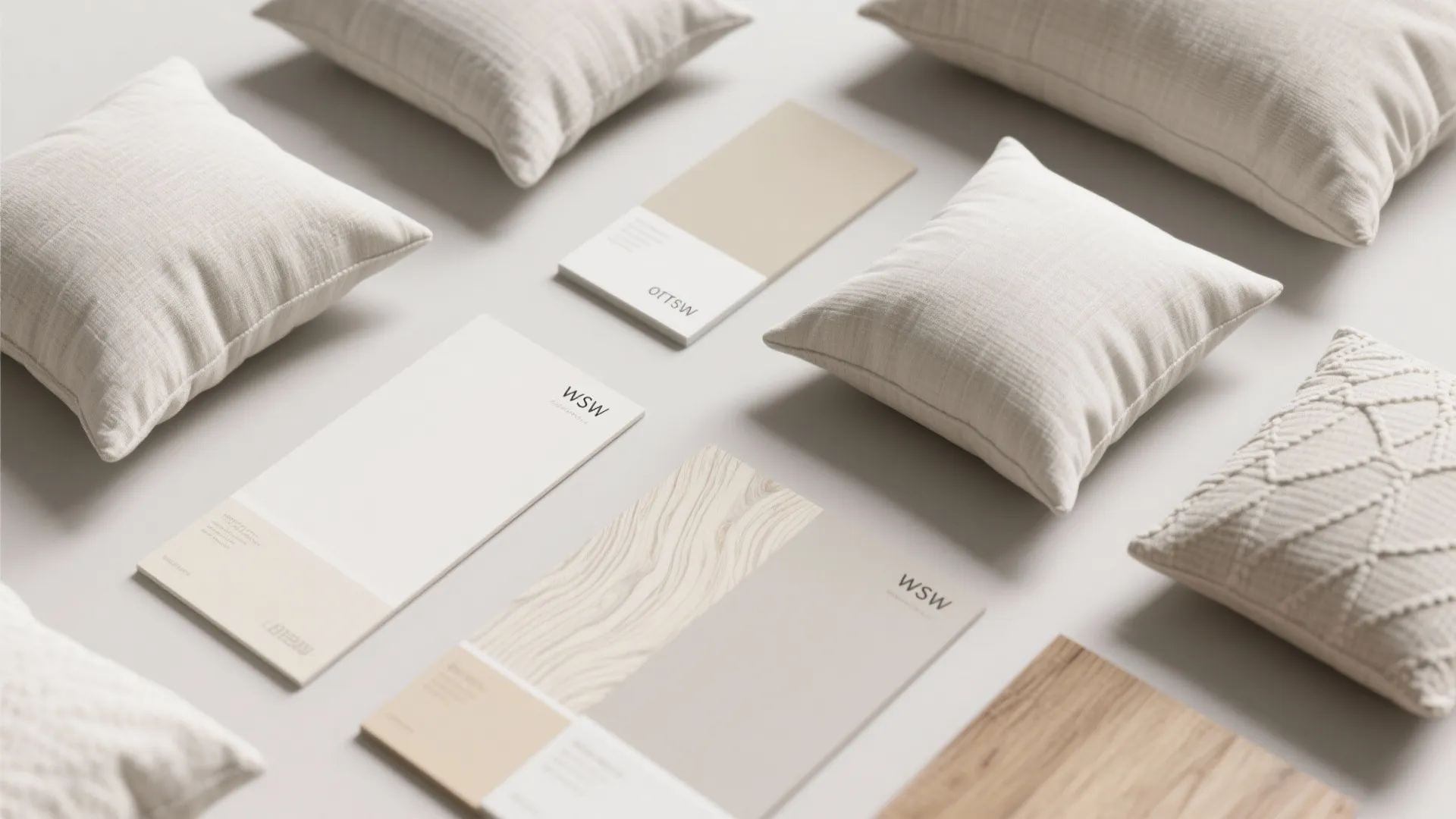 Collection of neutral color swatches and fabric pillows arranged on a clean light grey surface