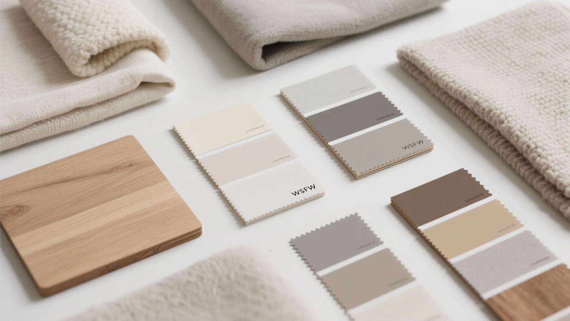 Interior design mood board with neutral color paint samples wood blocks and soft fabric textures