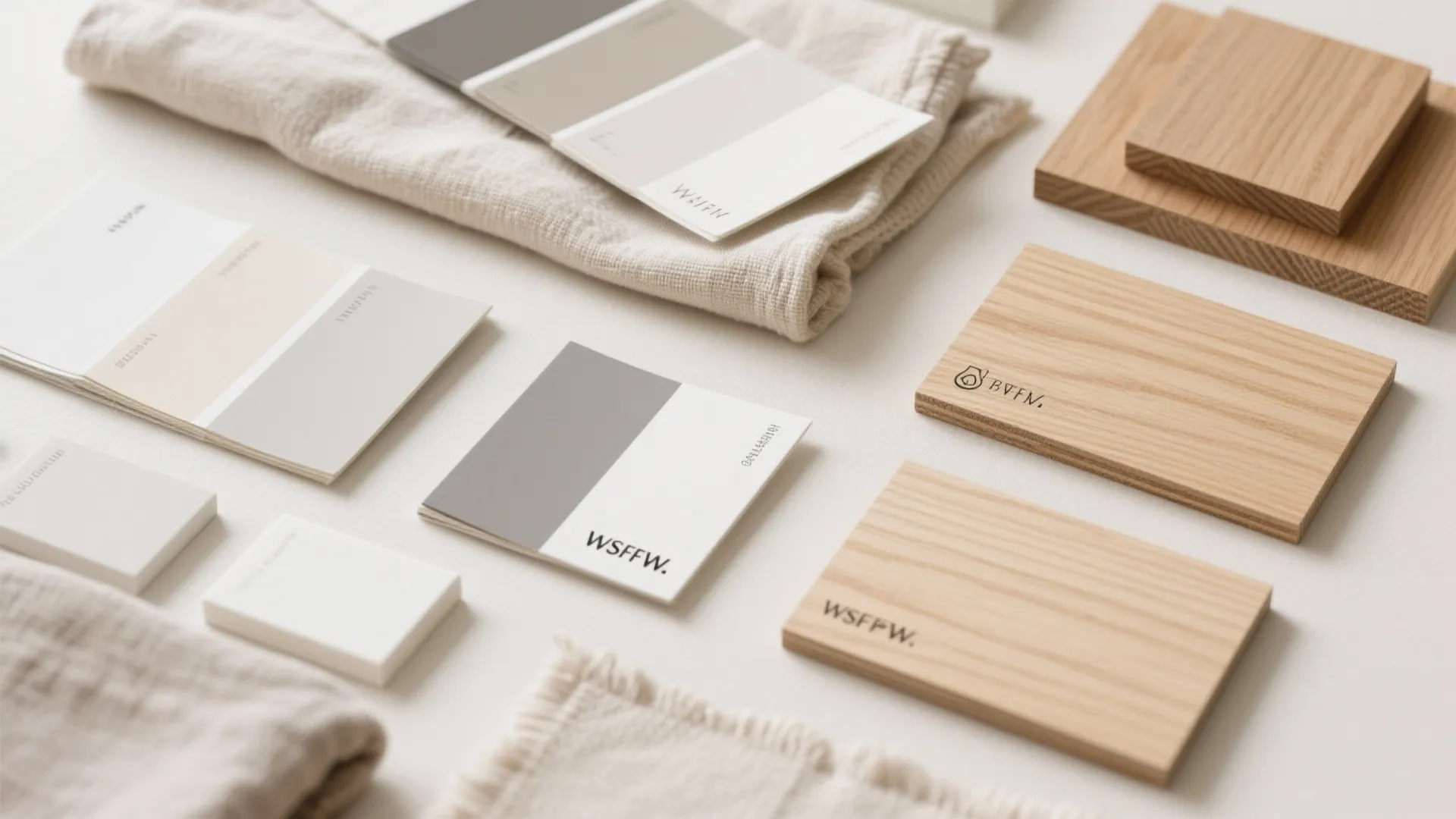 Neutral color paint swatches and wood material samples arranged on a white table for design