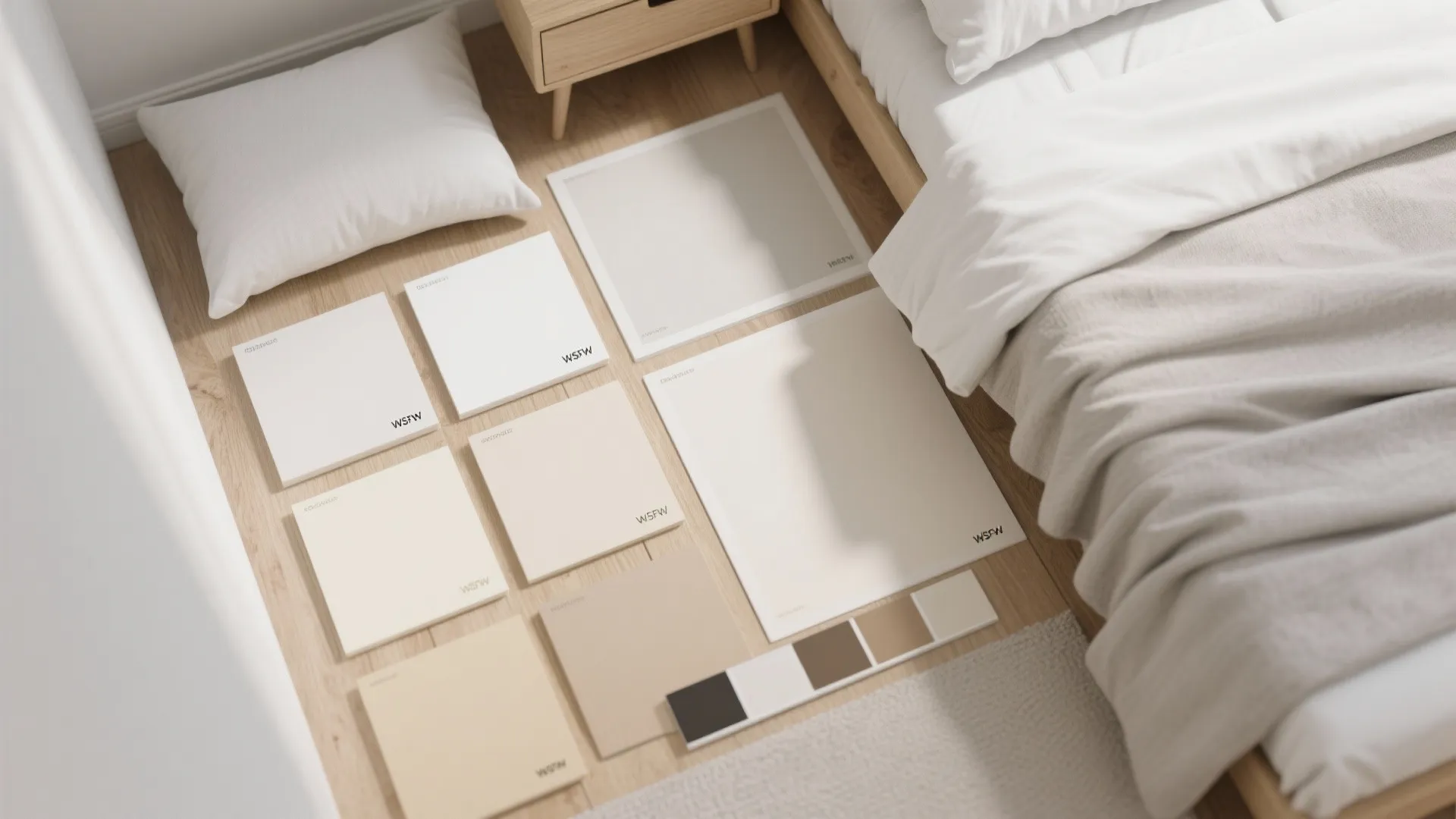 Neutral color paint samples arranged on wooden floor next to a bed with white soft pillow