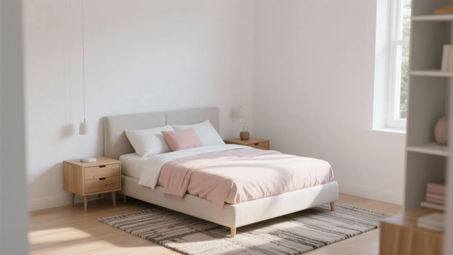 Modern bedroom with pink bedding white walls wooden side tables grey rug and natural light