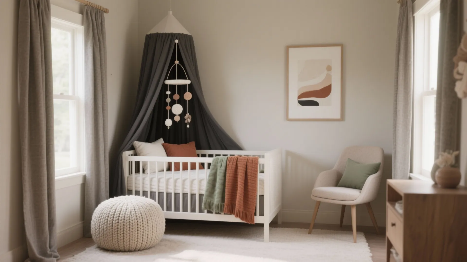 Cozy baby bedroom with white crib dark grey curtain canopy and a comfortable sitting chair