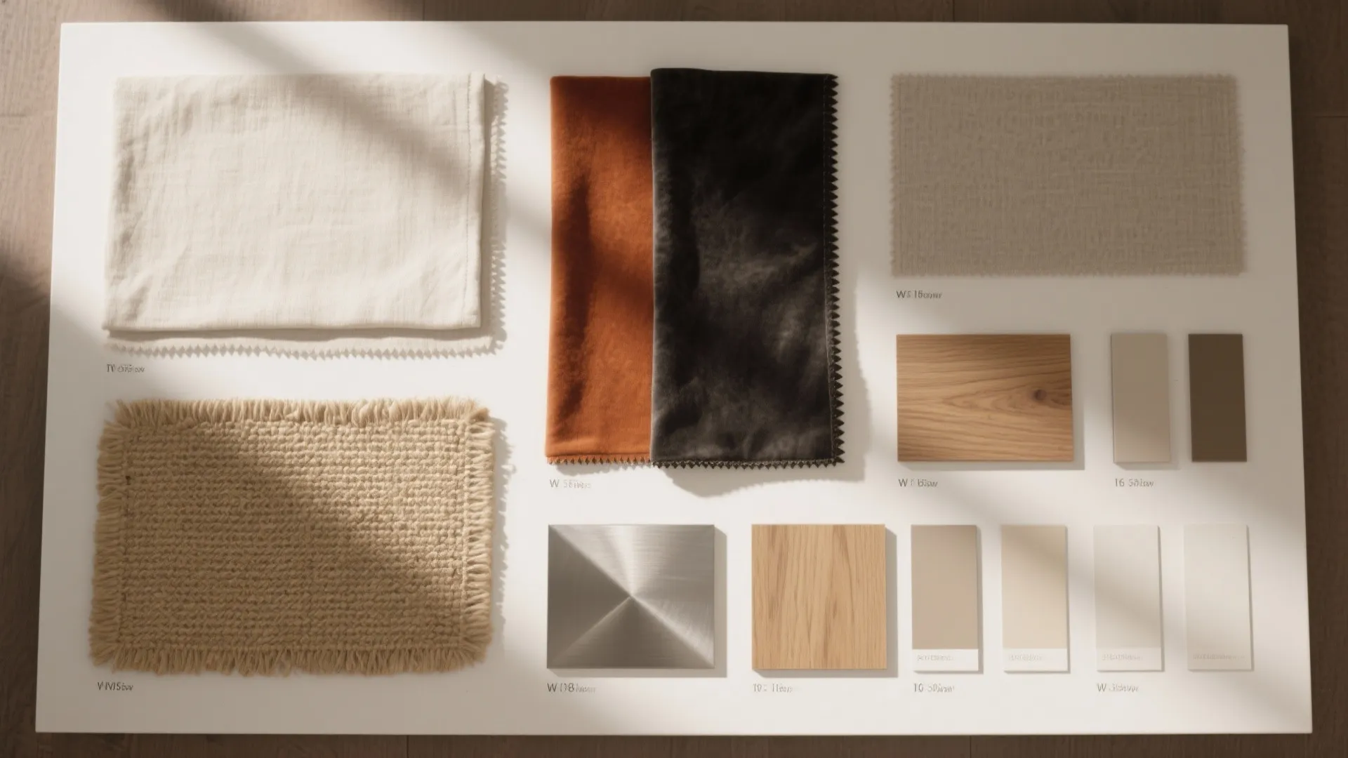 Interior design material board showing fabric swatches wood samples and metal finishes on white background surface