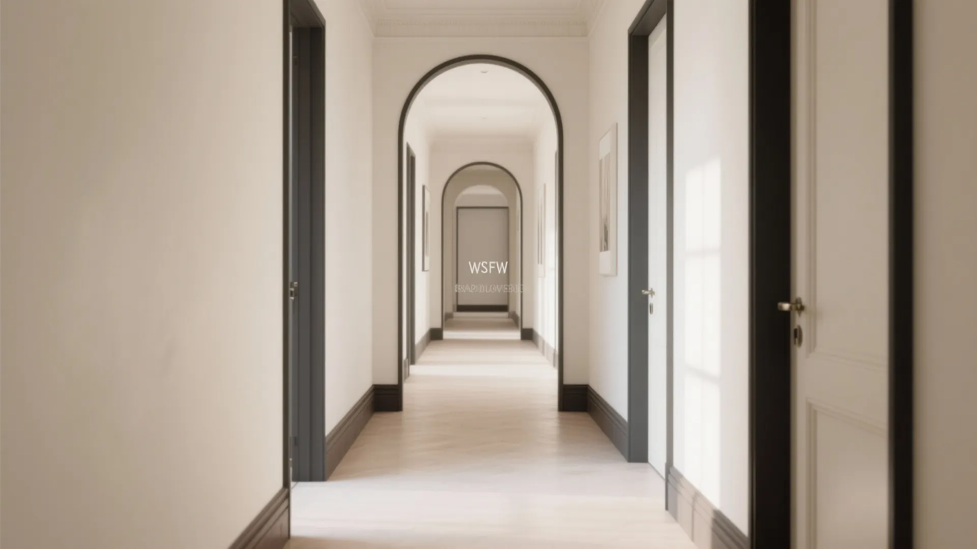 Long white hallway with black arched door frames wooden flooring and multiple doors along the walls