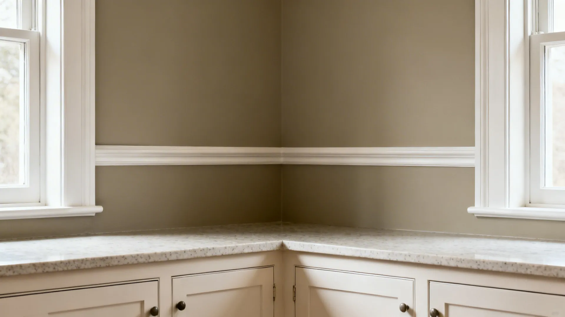 Small kitchen with warm greige walls and crisp off-white trim that sharpens cabinet lines.