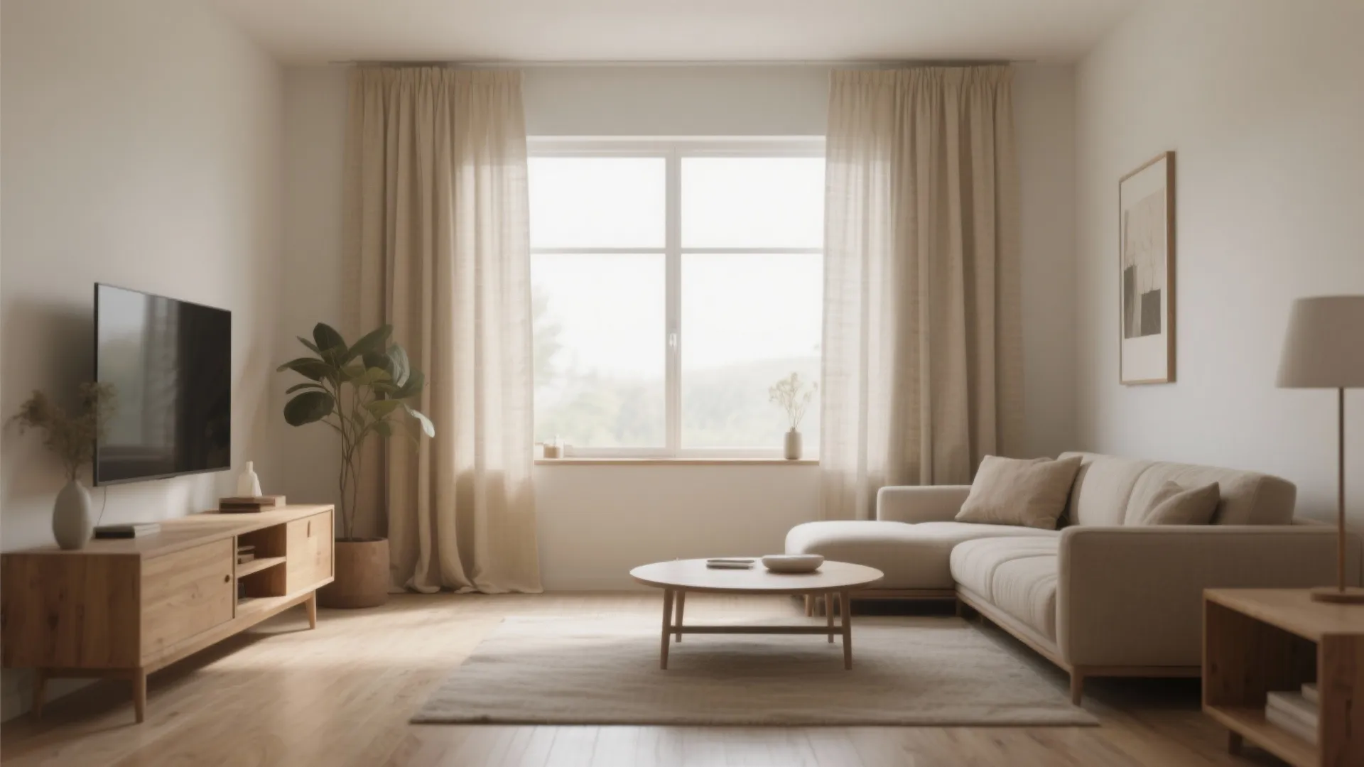 Minimalist living room with light beige curtains white sofa wooden cabinet and large bright window