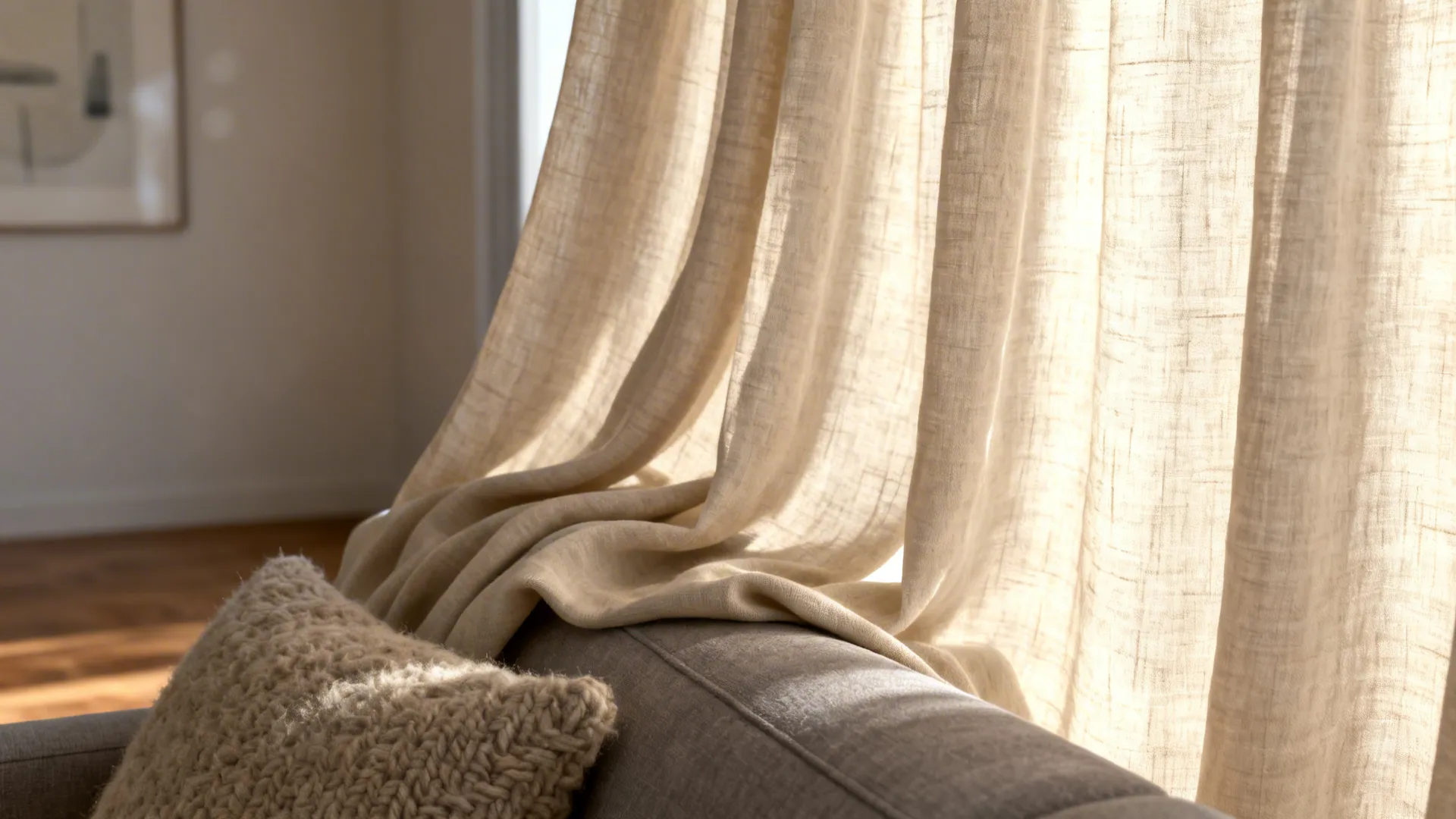 Light beige linen curtains with visible texture beside a warm gray sofa in a compact living room.